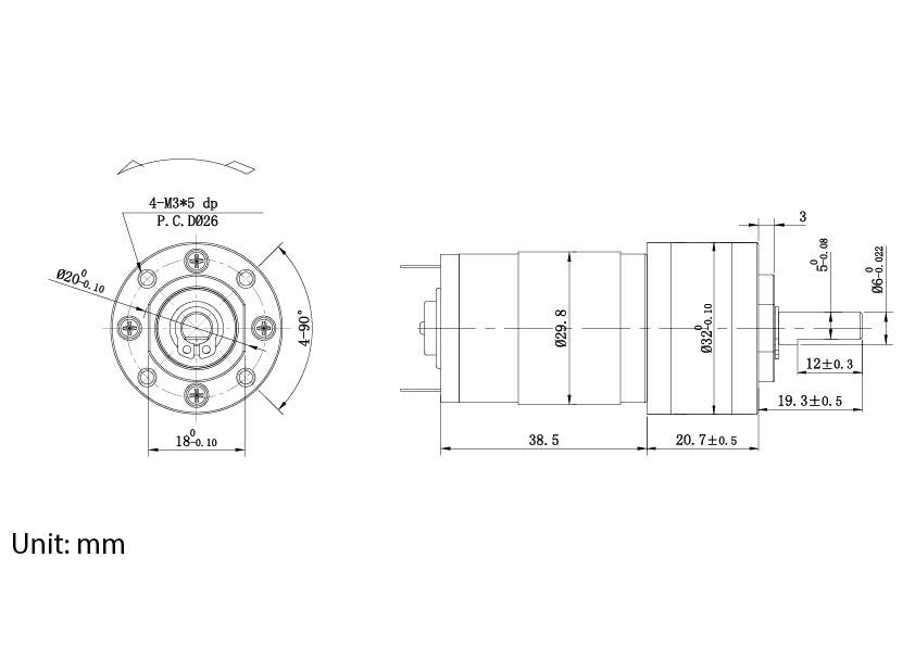 Technische Zeichnung einer zylindrischen mechanischen Komponente mit mehreren Ansichten, die präzise Maße in Millimetern zeigt.