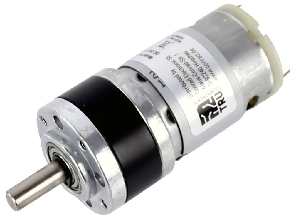 Ein kleiner Elektromotor mit Gleichstromantrieb und angebrachtem Getriebehead. Er weist eine zylindrische Form, eine vorstehende Welle und eine Beschriftung mit Spezifikationen auf.