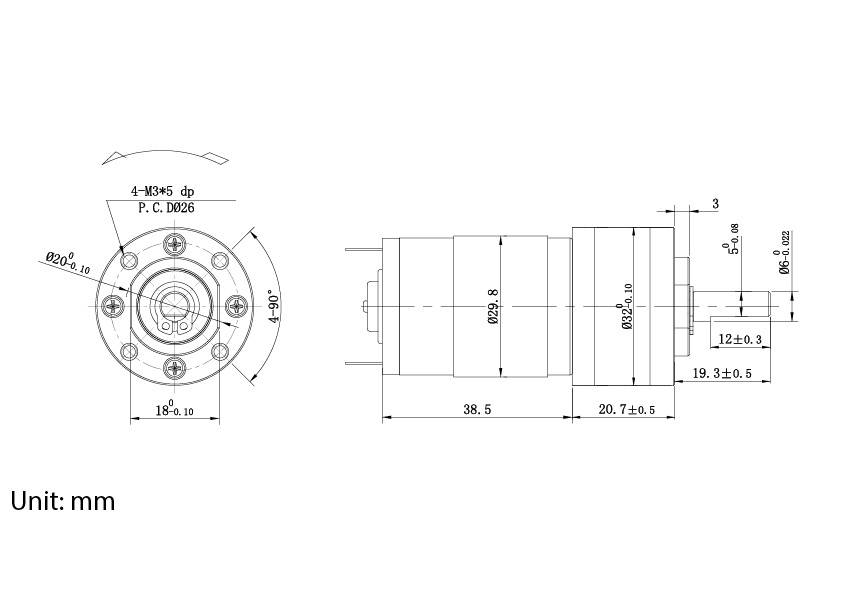 Technische Zeichnung mit Abmessungen einer mechanischen Komponente mit zwei Ansichten: Vorder- und Seitenansicht. Maße sind in Millimetern angegeben.