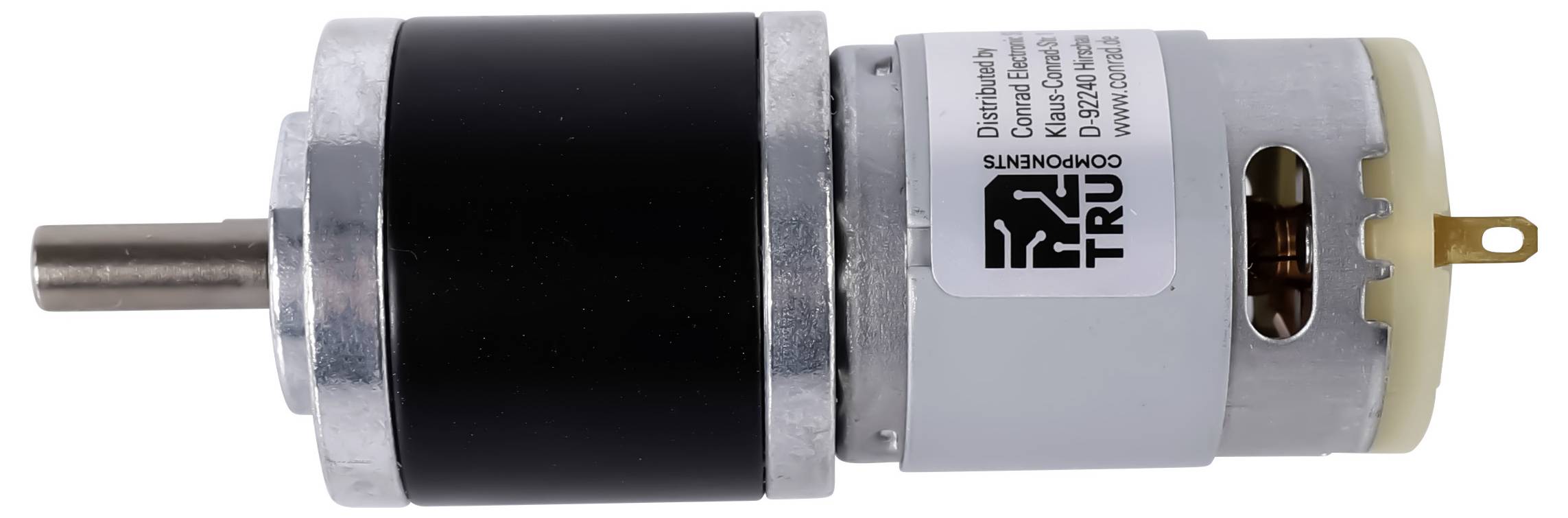 Ein zylindrischer Elektromotor mit sichtbaren Zahnrädern und einer rotierenden Welle auf der linken Seite, versehen mit einem Herstelleretikett.