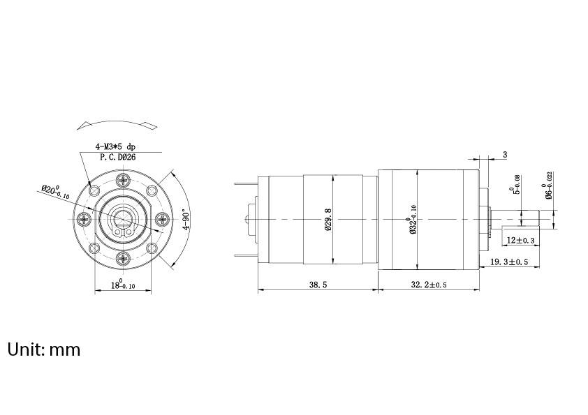 Technische Zeichnung eines zylindrischen mechanischen Bauteils mit detaillierten Maßangaben in Millimetern, die Seiten- und Endansichten zeigt.