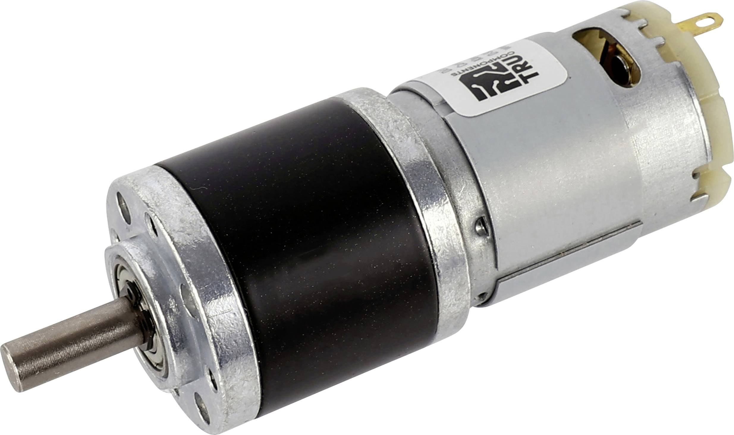 Ein kompakter Gleichstrommotor mit einem silbernen und schwarzen zylindrischen Gehäuse, das seitig ein Etikett mit Spezifikationen und Markenbenennung aufweist.