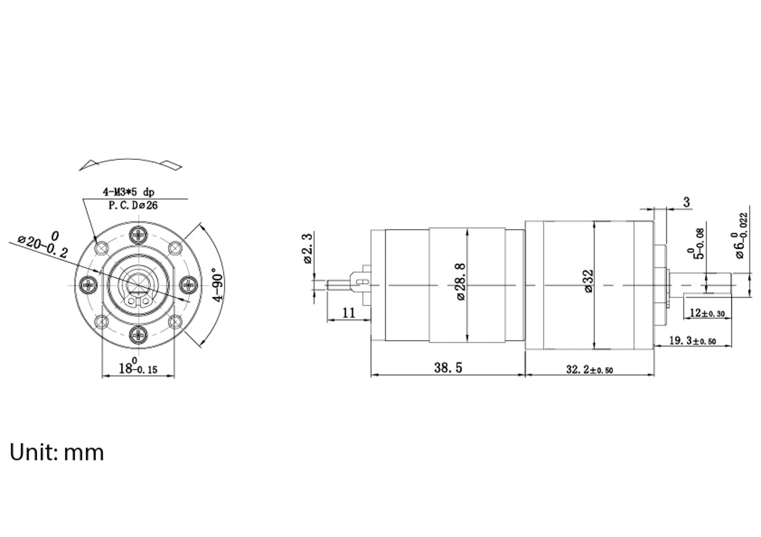 Technische Zeichnung einer zylindrischen Komponente mit Maßangaben in Millimetern. Draufsicht zeigt einen Durchmesser von 40 mm und Details zur Befestigungsbolzenplatzierung. Seitenansicht zeigt Details mehrerer Abschnitte mit Längen und Durchmessern.