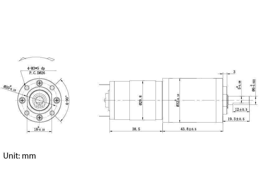 Technische Zeichnung eines zylindrischen mechanischen Bauteils mit Maßangaben: 38,5 mm, 43,8 mm; Vorder- und Seitenansichten mit Bohrungspositionen.