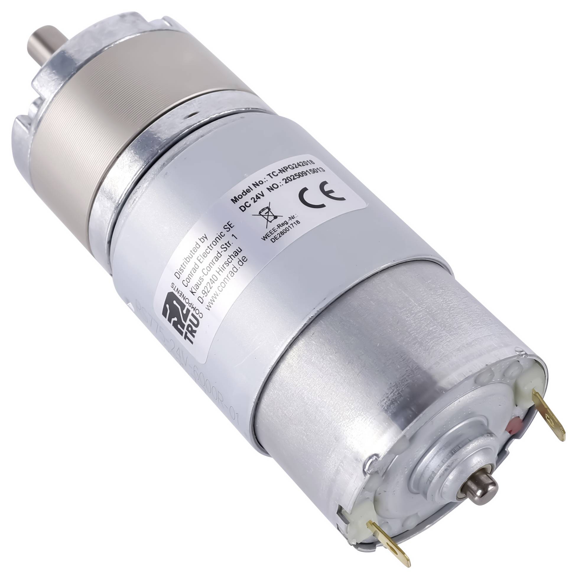 Ein zylindrischer Gleichstrommotor mit Metallgehäuse, beschriftet mit 'Model No. TCL0020008N' und CE-Zertifizierung, aus einem schrägen Blickwinkel betrachtet.