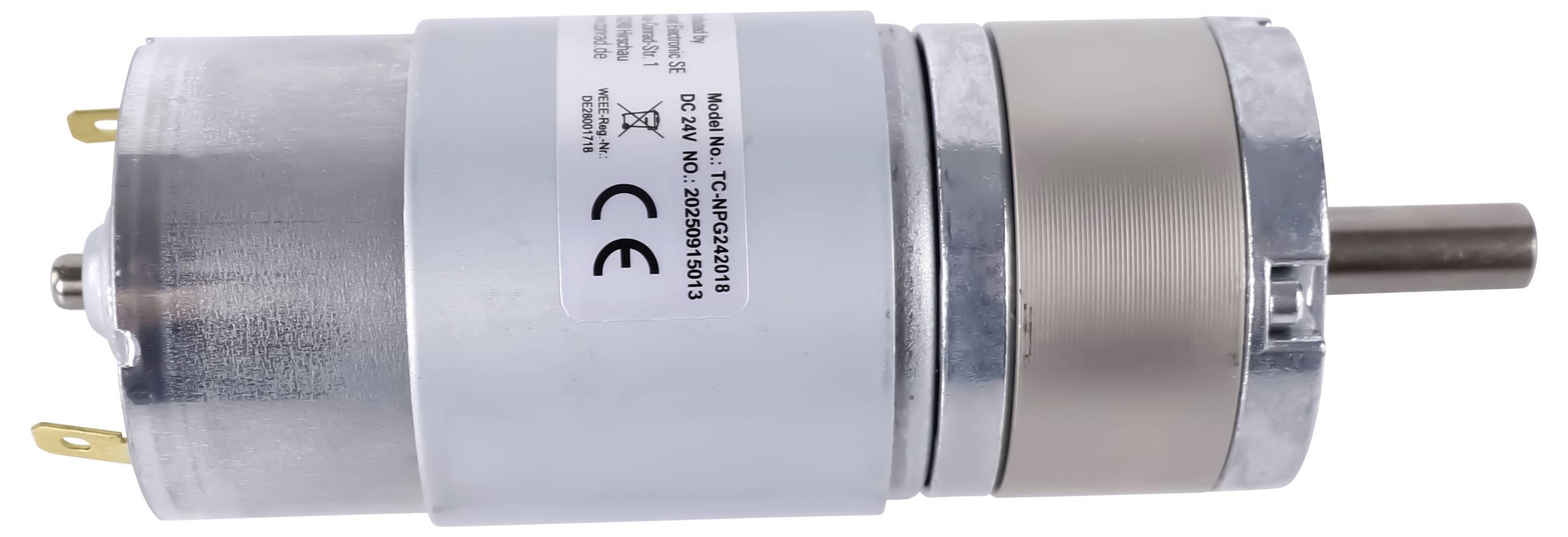 Ein zylindrischer Metallgetriebemotor mit einer vorstehenden Welle an einem Ende, versehen mit einem beschrifteten Gehäuse mit technischen Spezifikationen.