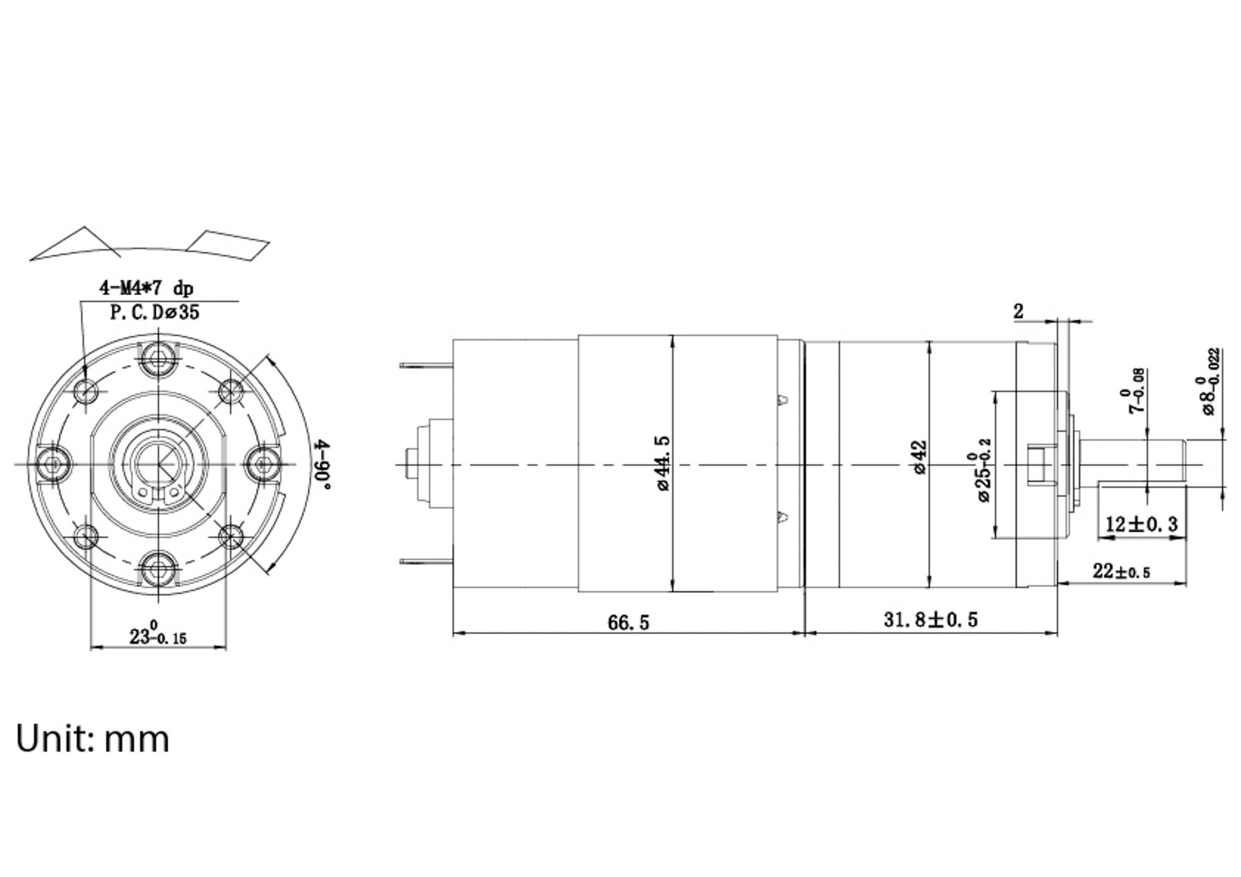Technische Zeichnung eines zylindrischen Motors mit in Millimetern beschrifteten Abmessungen, die Vorder- und Seitenansicht sowie die Platzierung der Befestigungslöcher zeigt.