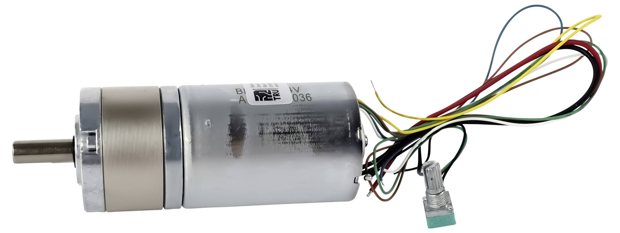 Ein kleiner Elektromotor mit angeschlossenen mehrfarbigen Kabeln, verwendet für präzise Steuerung in Robotik oder maschinellen Anwendungen.