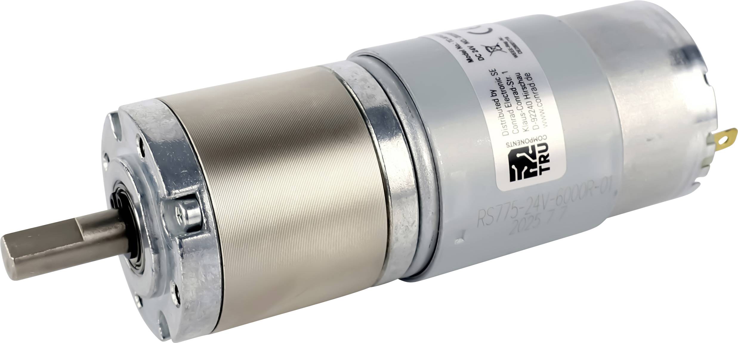 Eine Nahaufnahme eines kompakten Elektromotors mit zylindrischem Metallgehäuse, versehen mit Spezifikationen, das die Welle und das Montagezahnrad zeigt.