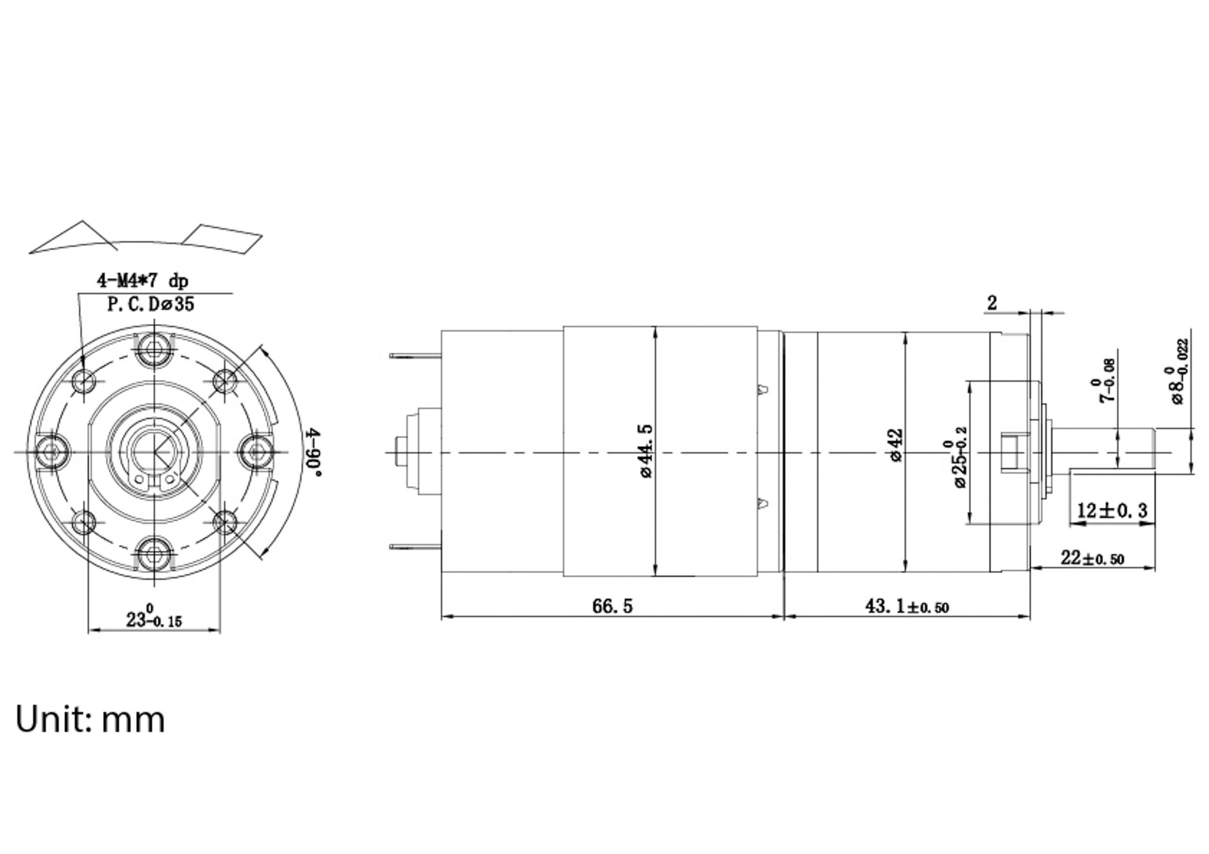 Technische Zeichnung eines Motors mit detaillierten Maßangaben: Länge 66,5 mm, Durchmesser 35 mm, Wellenabmessungen und Montagebohrungsspezifikationen.