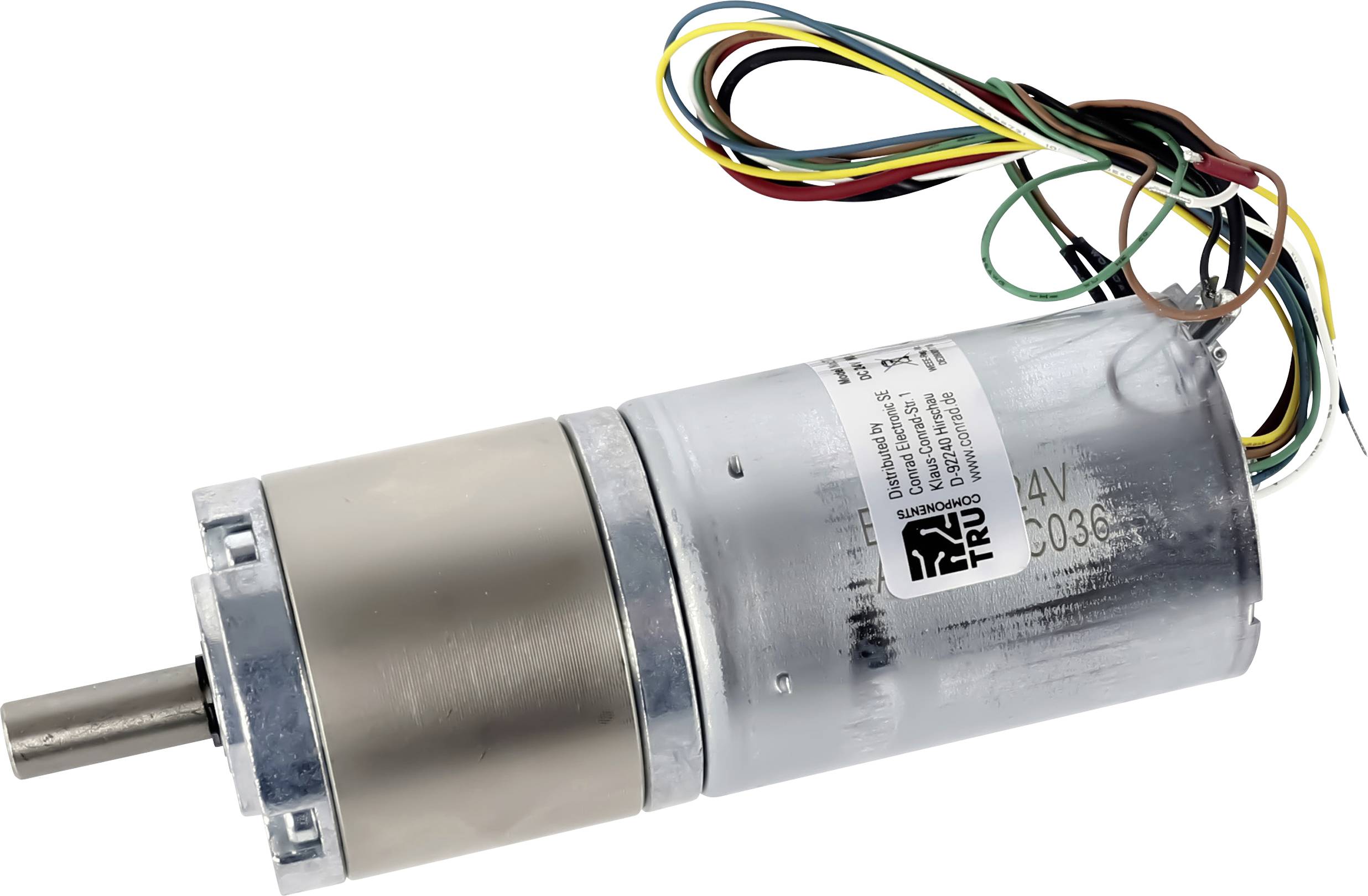 Ein bürstenloser Gleichstrommotor mit angebrachten Drähten und einem Etikett, das Spezifikationen angibt.