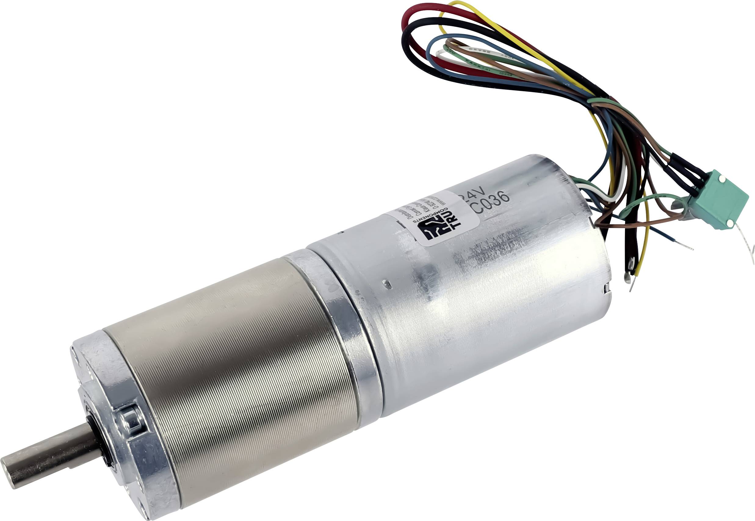 Ein Gleichstrom-Getriebemotor mit angeschlossenen Drähten, mit einem zylindrischen Metallgehäuse und einem Etikett mit Spezifikationen.