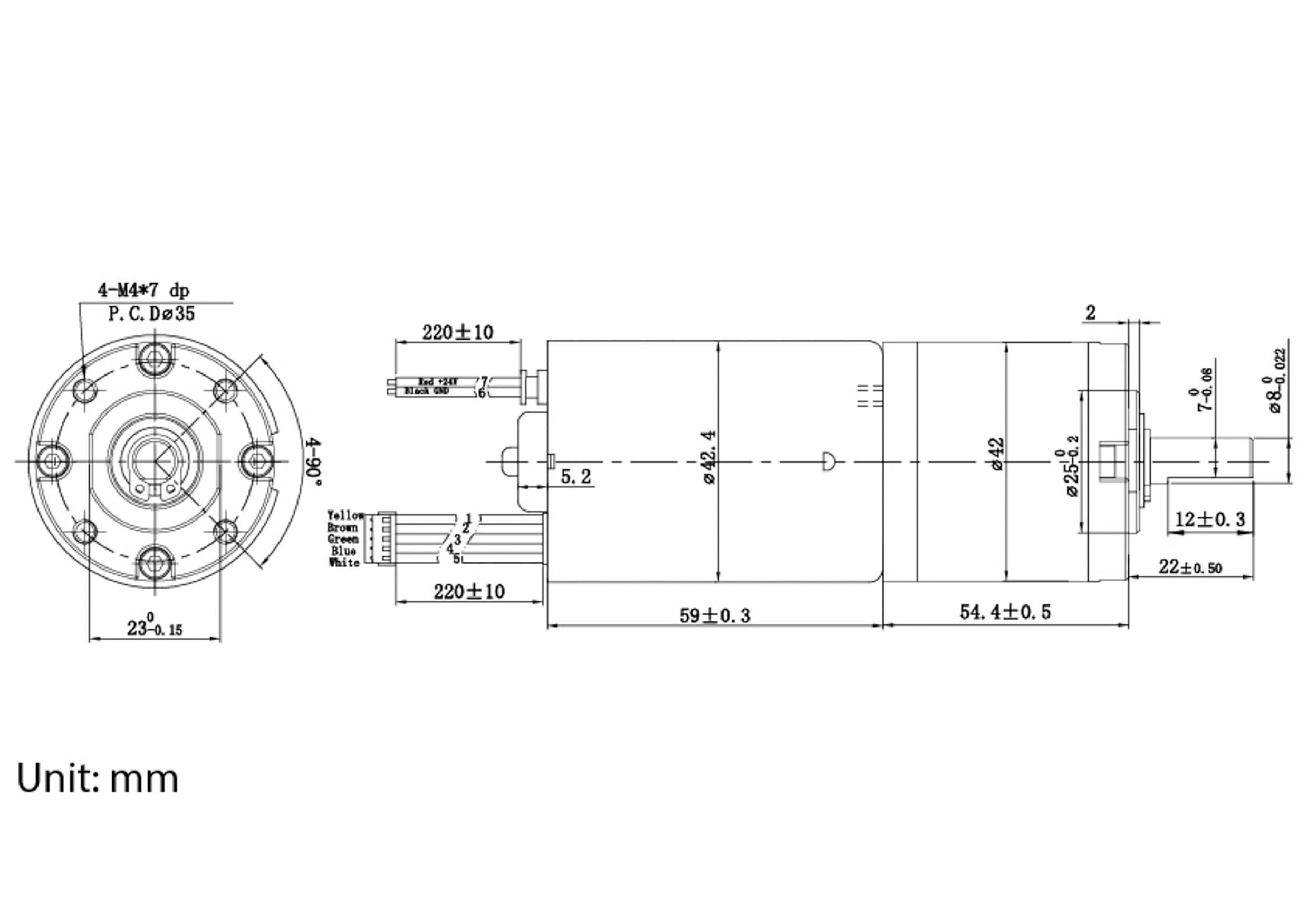 Technische Schemazeichnung eines zylindrischen Motors mit beschrifteten Abmessungen in Millimetern, die verschiedene Komponenten und Verdrahtungsdetails zeigt.
