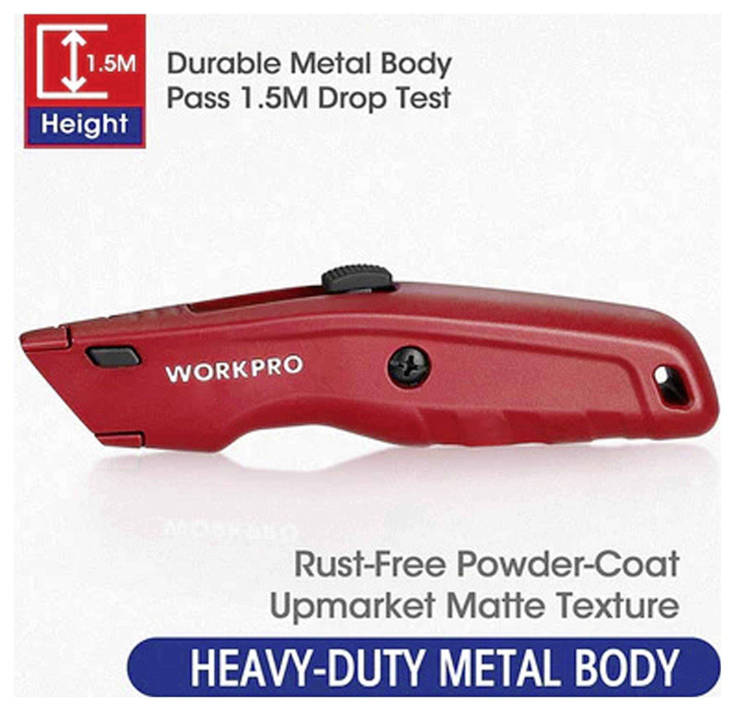 Rotes Utility-Messer mit 'WORKPRO'-Aufschrift, robuster Metallkörper, rostfreie Pulverbeschichtung, hochwertige matte Textur. Besteht den Falltest aus 1,5 Metern Höhe.
