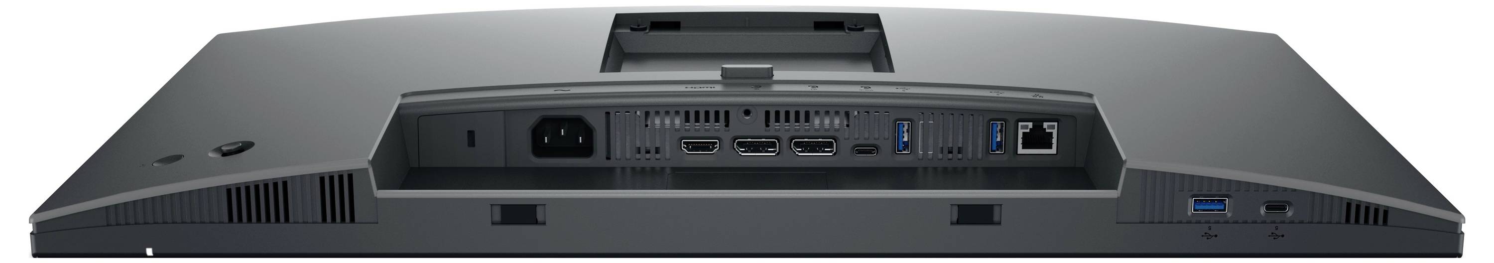 Rückseite eines Monitors mit mehreren Anschlüssen: Strom, DisplayPort, HDMI, USB, Ethernet. Geeignet für vielseitige Verbindungen.