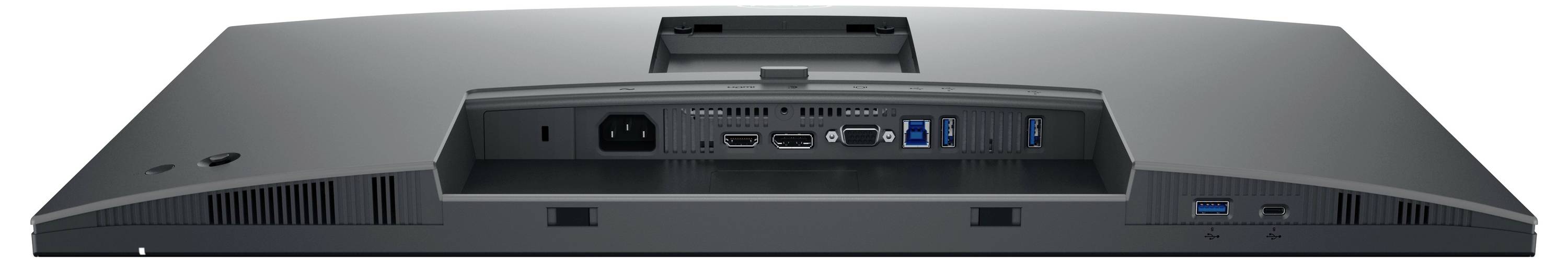 Ein Monitor von hinten zeigt verschiedene Anschlüsse, einschließlich HDMI-, USB- und Displayports sowie ein Netzkabelanschluss.