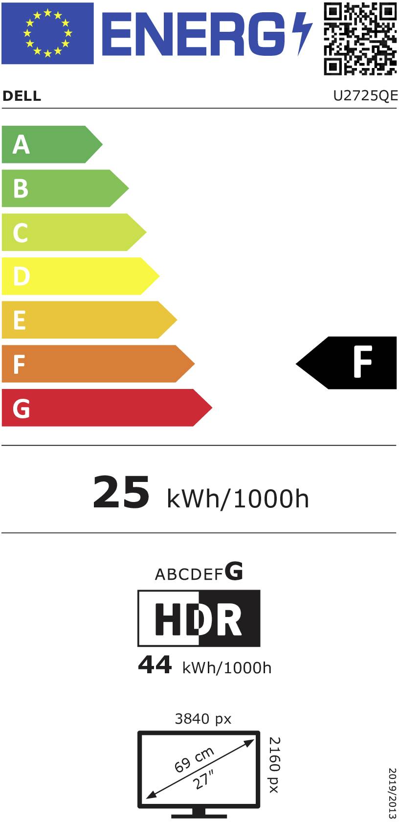 Das Bild zeigt ein Energieetikett für einen Monitor mit der Energieeffizienzklasse 'F' und einem Stromverbrauch von 25 kWh/1000h.