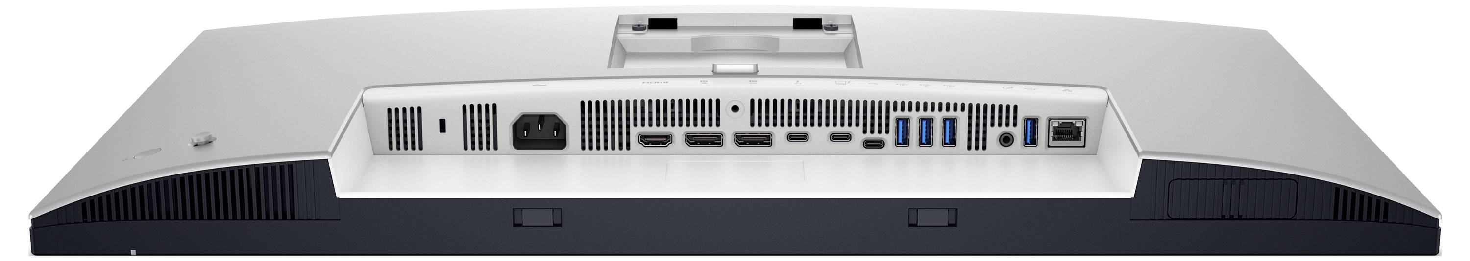 Rückansicht eines Monitors mit verschiedenen Anschlüssen: Stromanschluss, DisplayPorts, HDMI, USB-Anschlüsse und Audioausgang.