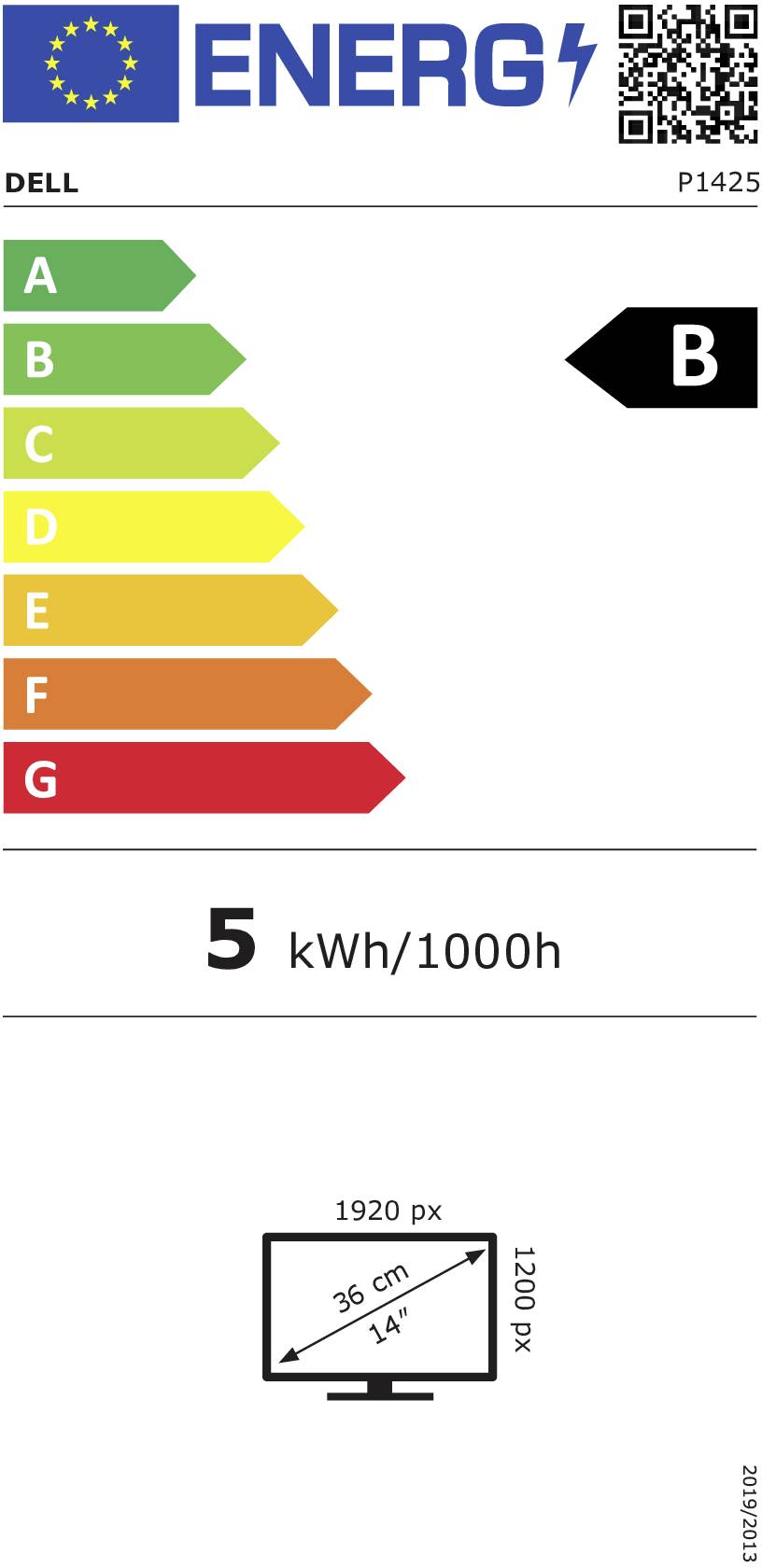 Monitor-Energielabel: Klasse B, 5 kWh/1000h, Bildschirmgröße 36 cm (14 Zoll), Auflösung 1920x1200 px.