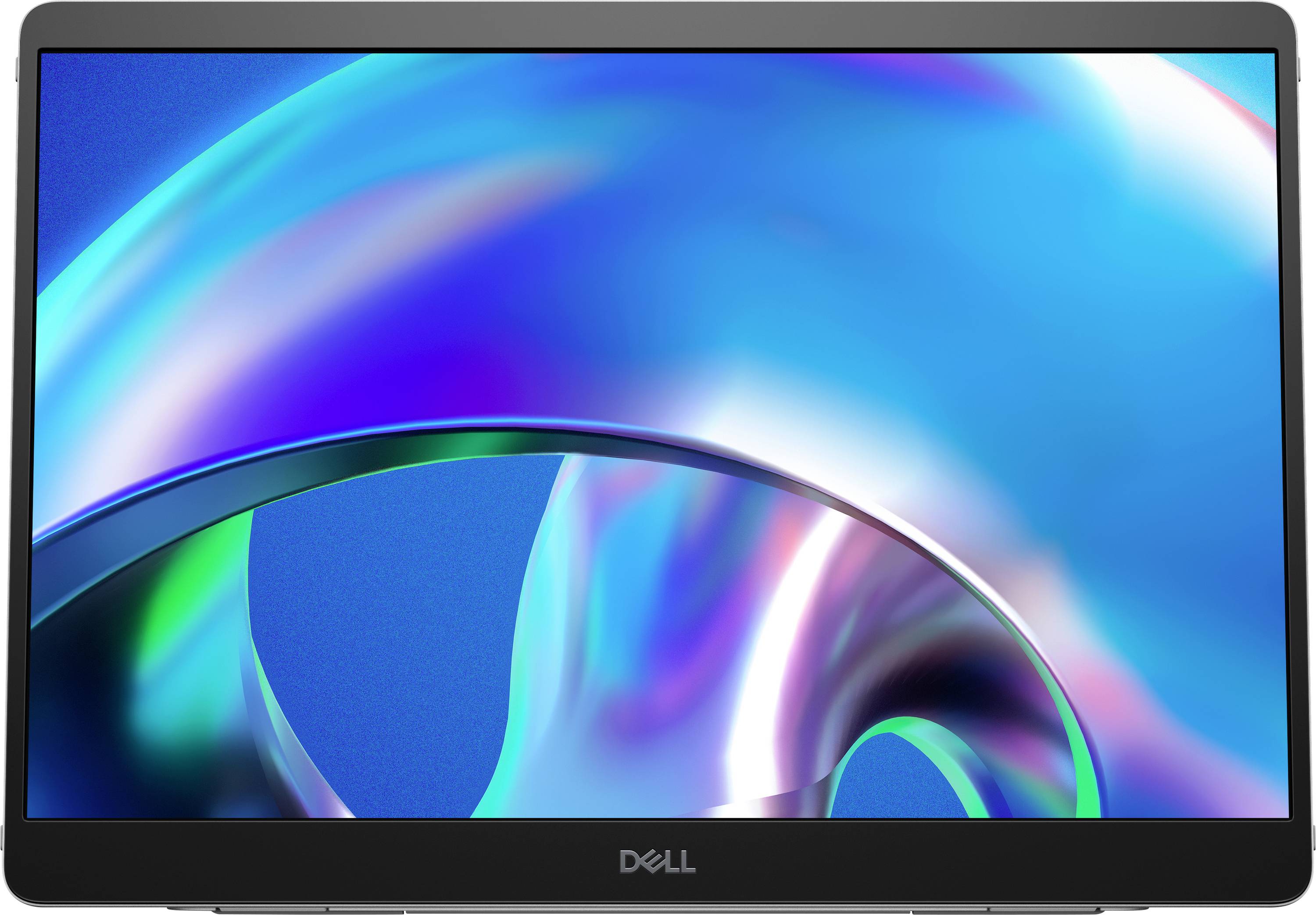 Ein Laptopbildschirm mit bunten, wellenförmigen Lichtreflexionen auf blauem Hintergrund. Dell-Logo unten in der Mitte.