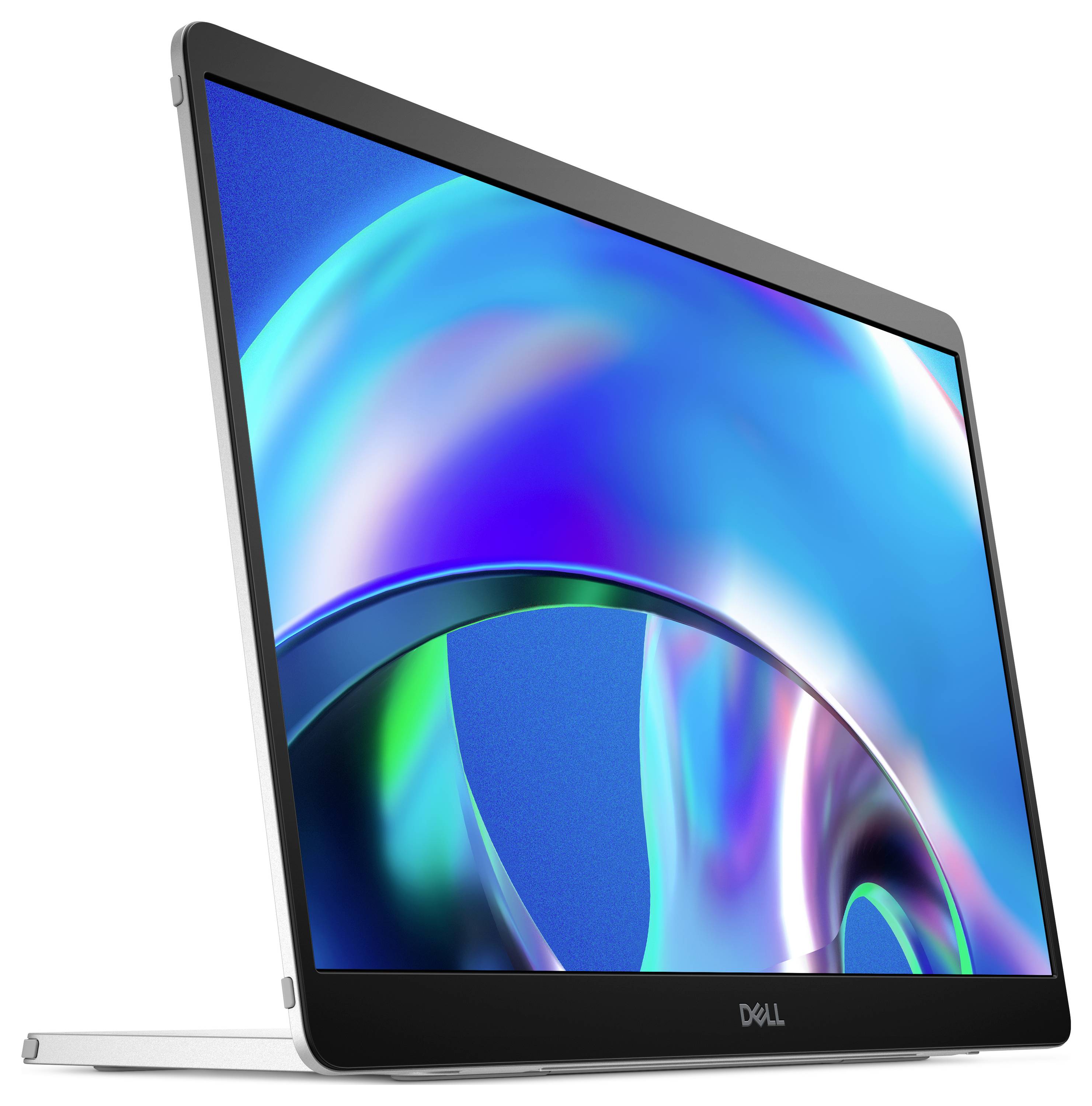 Laptop mit schlankem Design von der Seite, zeigt ein buntes, abstraktes Bild auf dem Bildschirm. Schwarzer Rahmen mit dem Logo unten.
