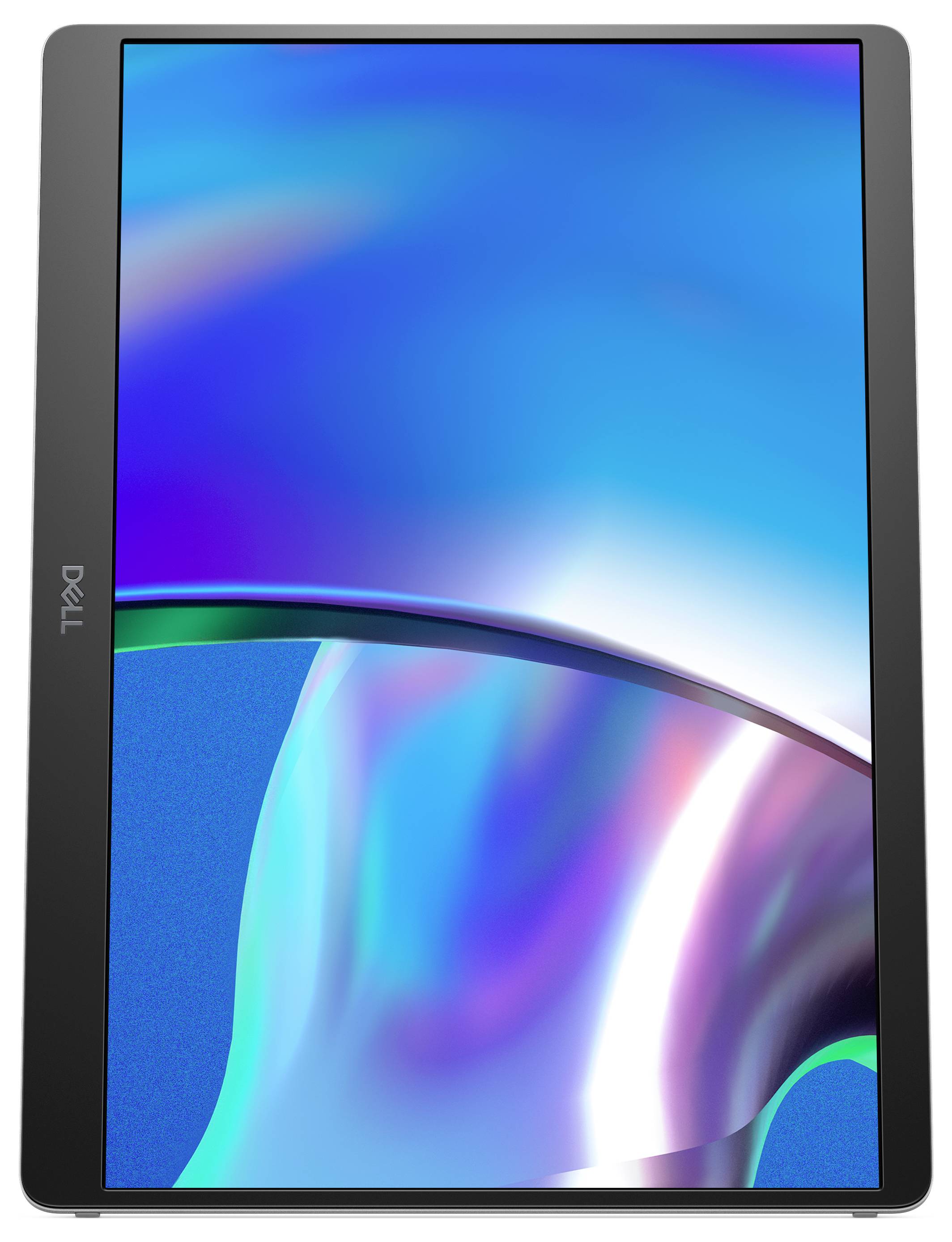 Tablet mit hochauflösendem Display, zeigt eine abstrakte, bunte Grafik in Blau- und Grüntönen. Markenlogo auf der linken Seite.