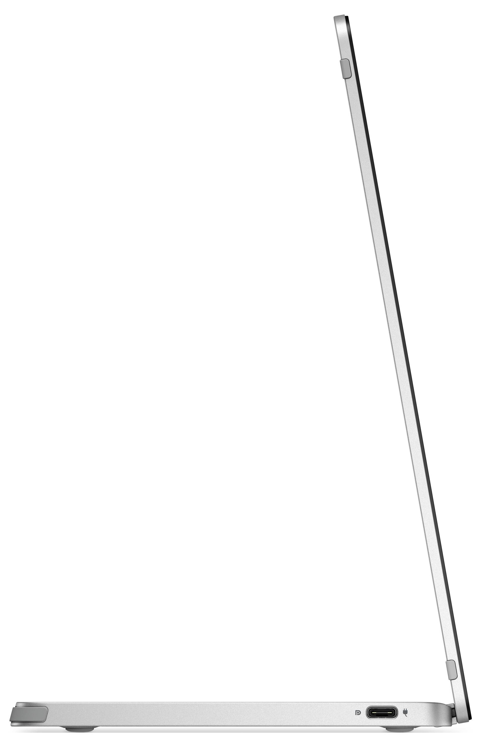 Ein seitlich geöffnetes, dünnes Laptop in Silber zeigt das schlanke Design und die Anschlüsse auf der Unterseite.