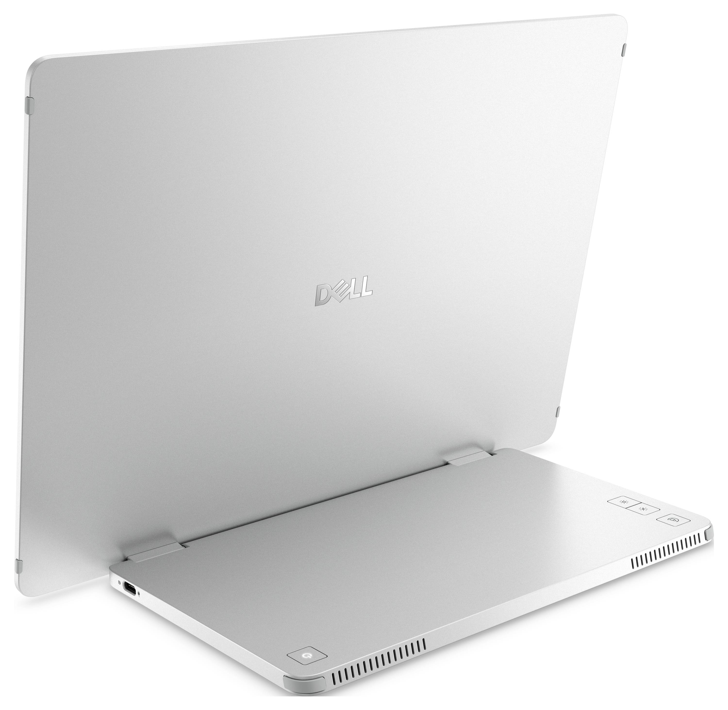 Ein silberner Laptop der Marke Dell, aufgeklappt und von hinten fotografiert; betont schlankes Design ohne sichtbaren Bildschirminhalt.