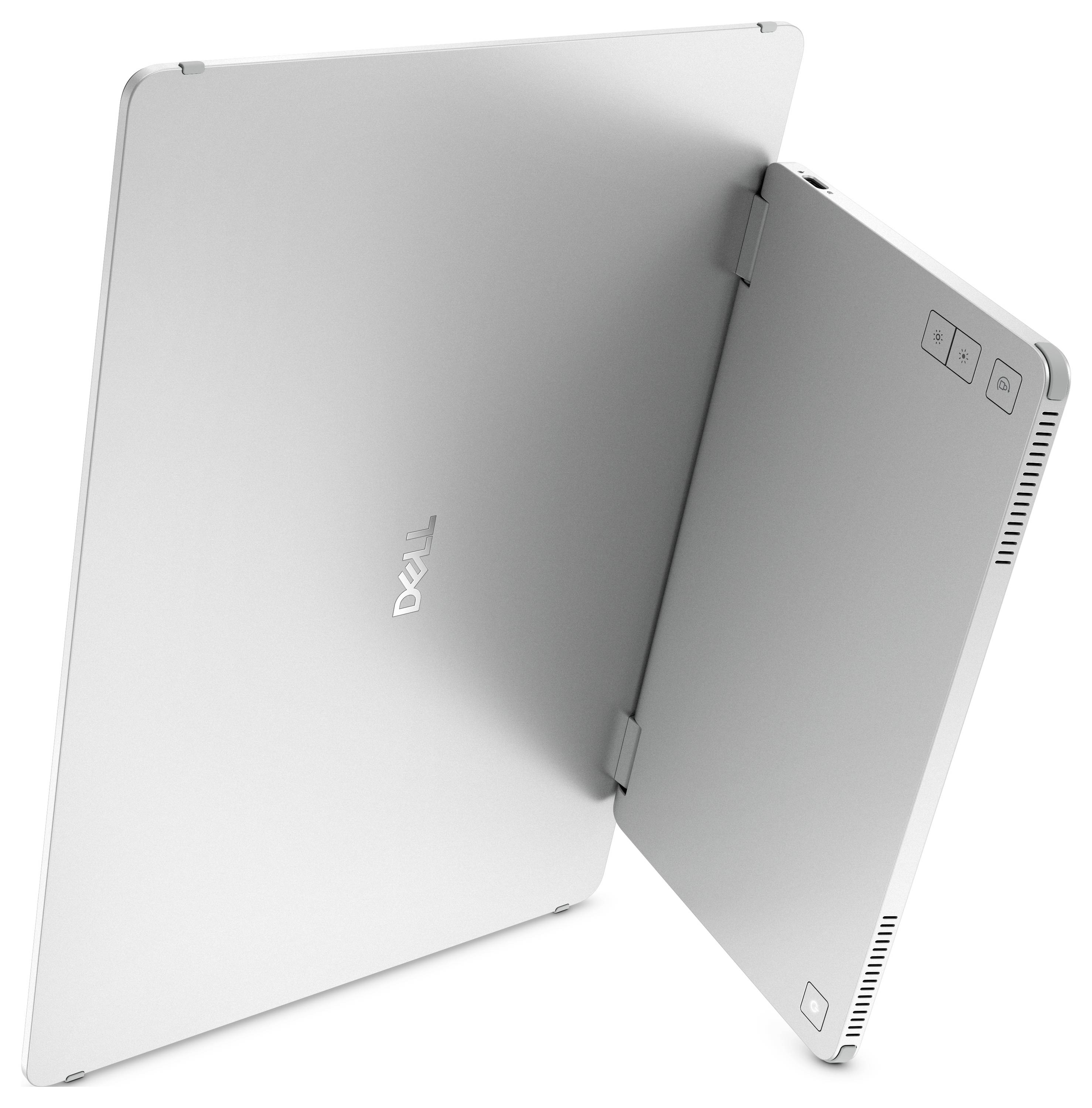 Ein geöffnetes silbernes Laptop von hinten, schräg gezeigt, mit sichtbaren Scharnieren und Lüftungsschlitzen.