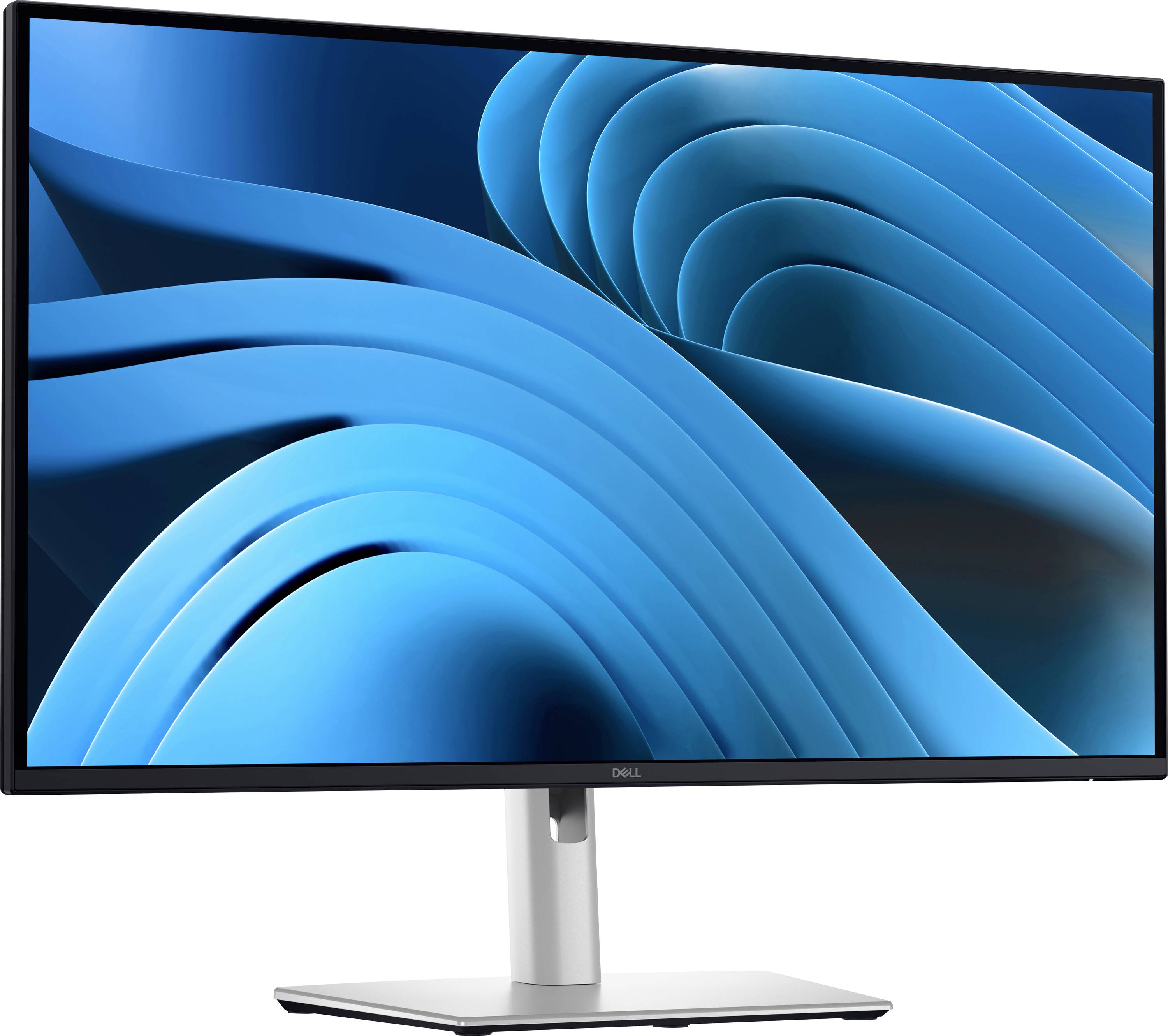 Ein Computerbildschirm zeigt abstrakte blaue Wellenmuster. Der Monitor hat ein schlankes Design mit schwarzem Rahmen auf silbernem Standfuß.