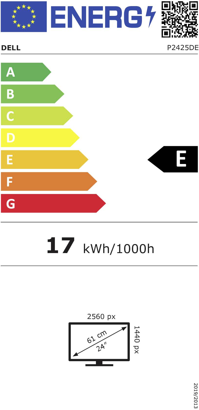 Dell Monitor Energieeffizienz: E, Verbrauch 17 kWh/1000h. Bildschirmgröße 61 cm (24 Zoll), Auflösung 2560 px.