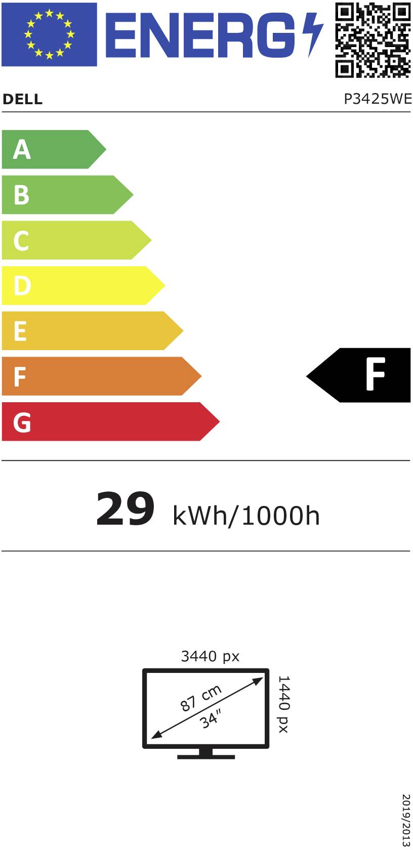 Energieeffizienzlabel für einen Monitor der Marke DELL, Modell P3425WE. Energieklasse F, Verbrauch: 29 kWh/1000h, Bildschirmgröße: 34 Zoll.