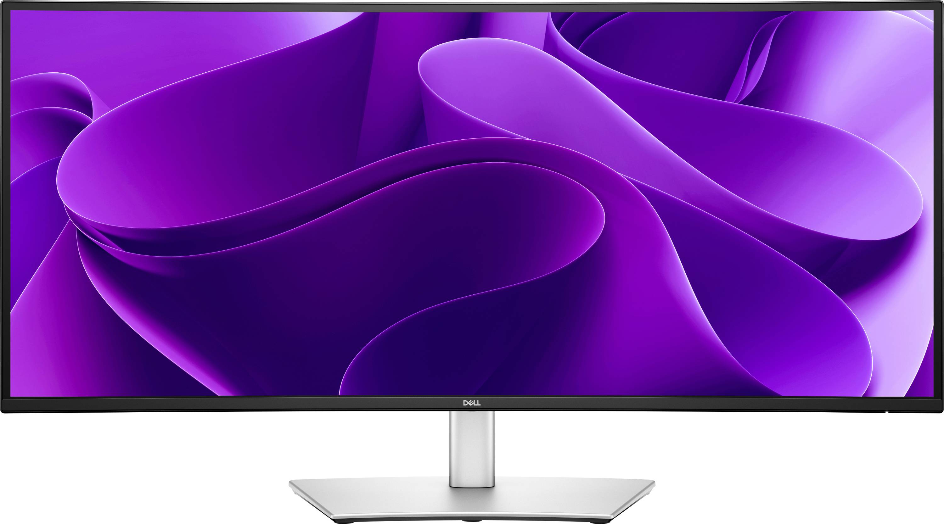 Breiter Dell-Monitor mit violettem, abstraktem Hintergrundmuster.