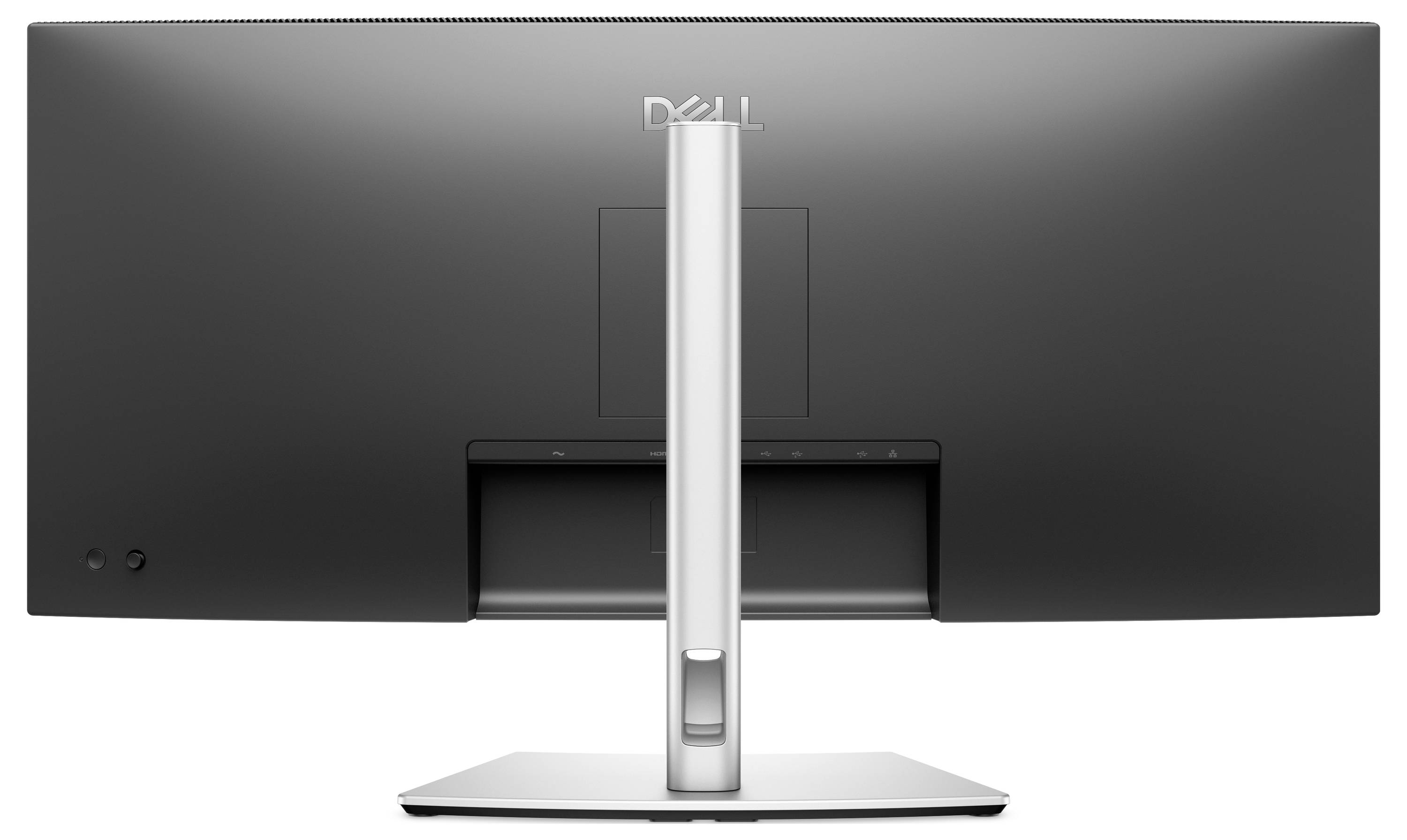 Rückansicht eines schwarzen Computerbildschirms mit grauem Standfuß, Markenlogo oben mittig.