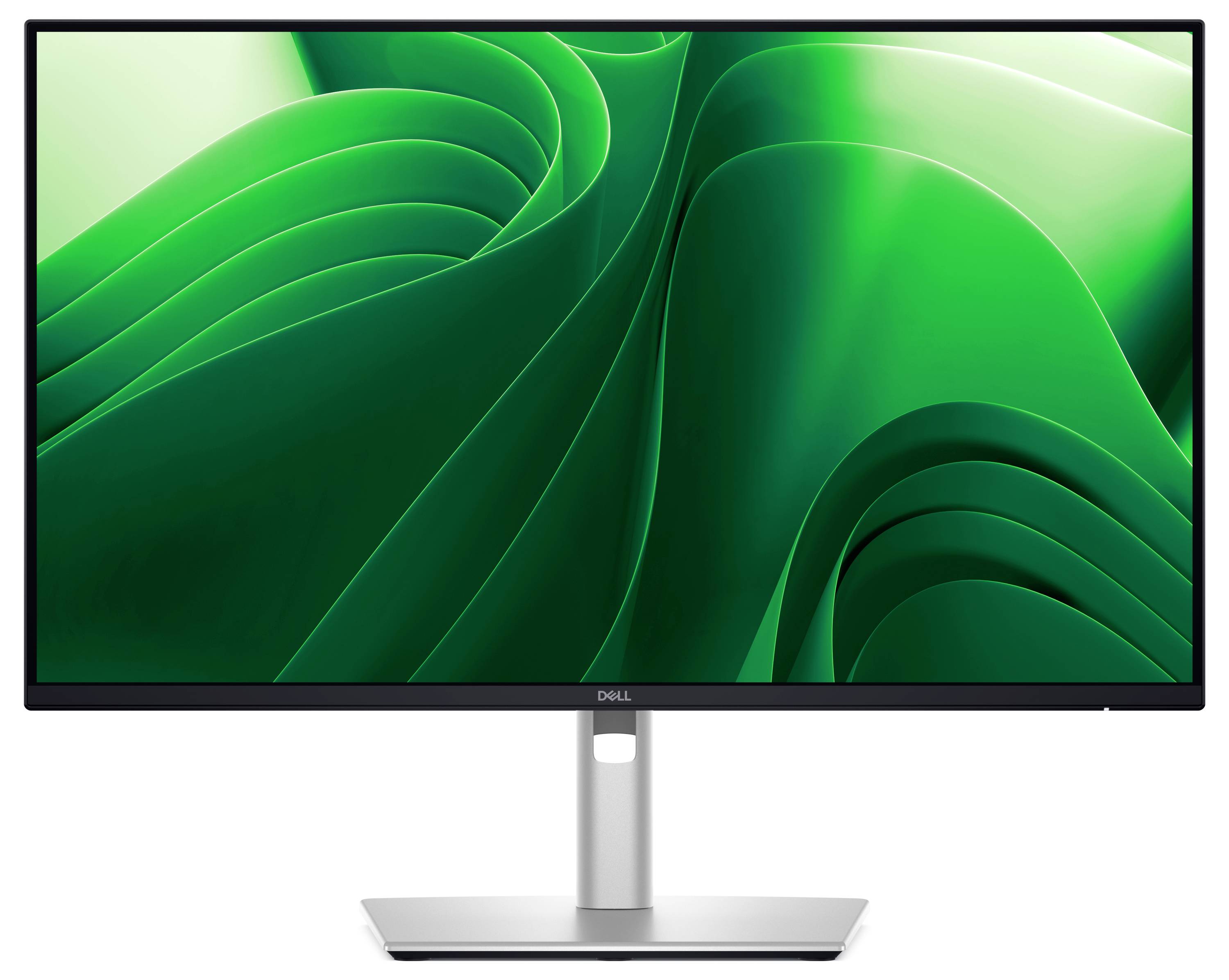 Ein großer Computermonitor mit einem grünen, abstrakten Design auf dem Bildschirm.