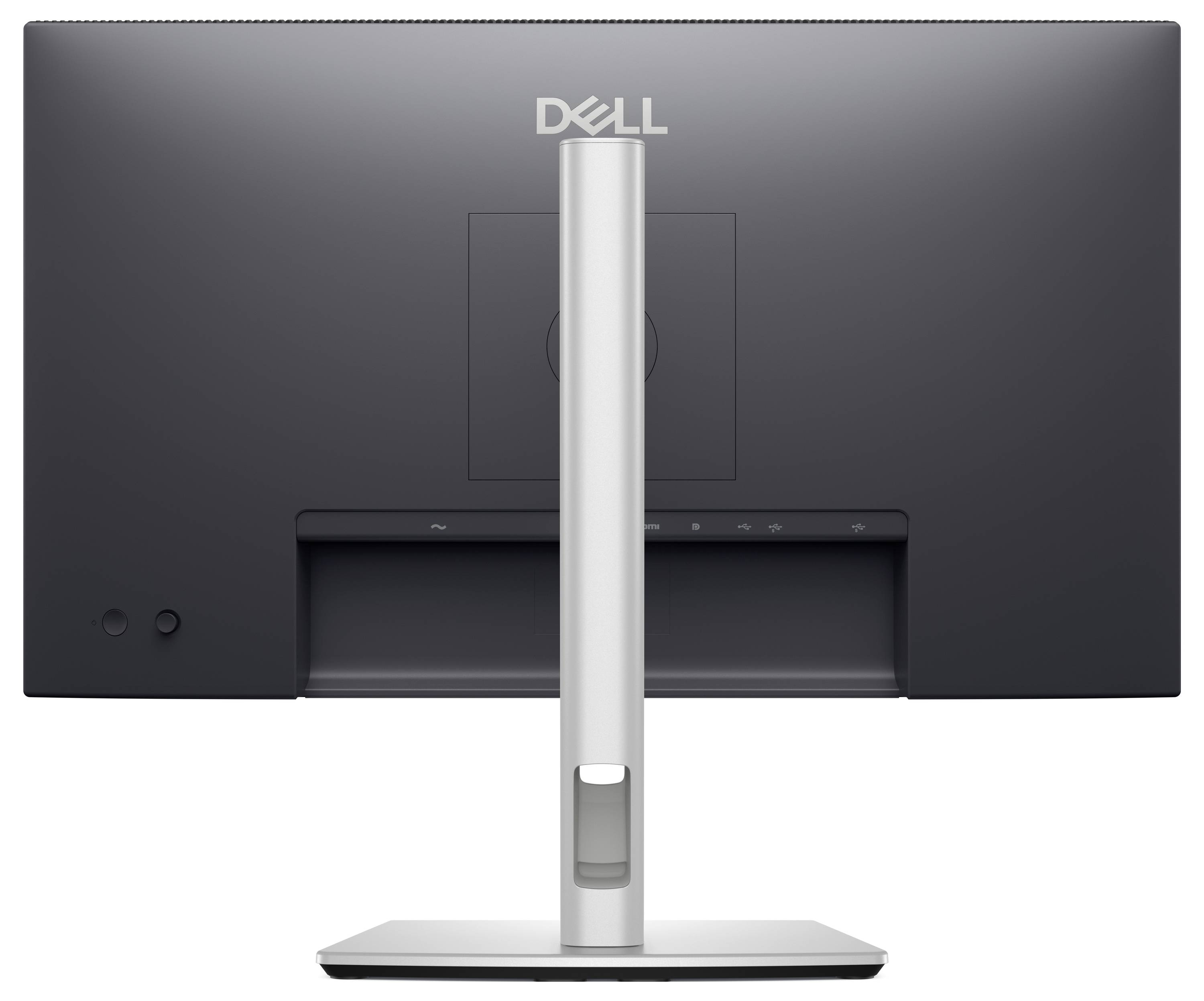 Rückseite eines schwarzen Dell-Monitors auf einem silbernen Standfuß, ohne sichtbare Kabel oder Anschlüsse.