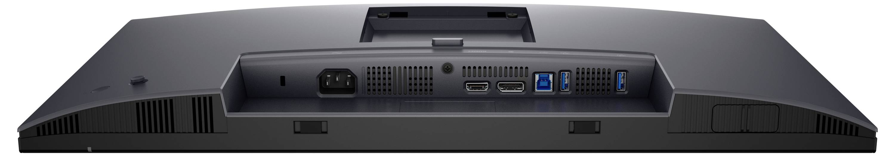 Rückansicht eines Computermonitors mit sichtbaren Anschlüssen: Stromanschluss, zwei HDMI-Anschlüsse, ein DisplayPort und zwei USB-Anschlüsse.