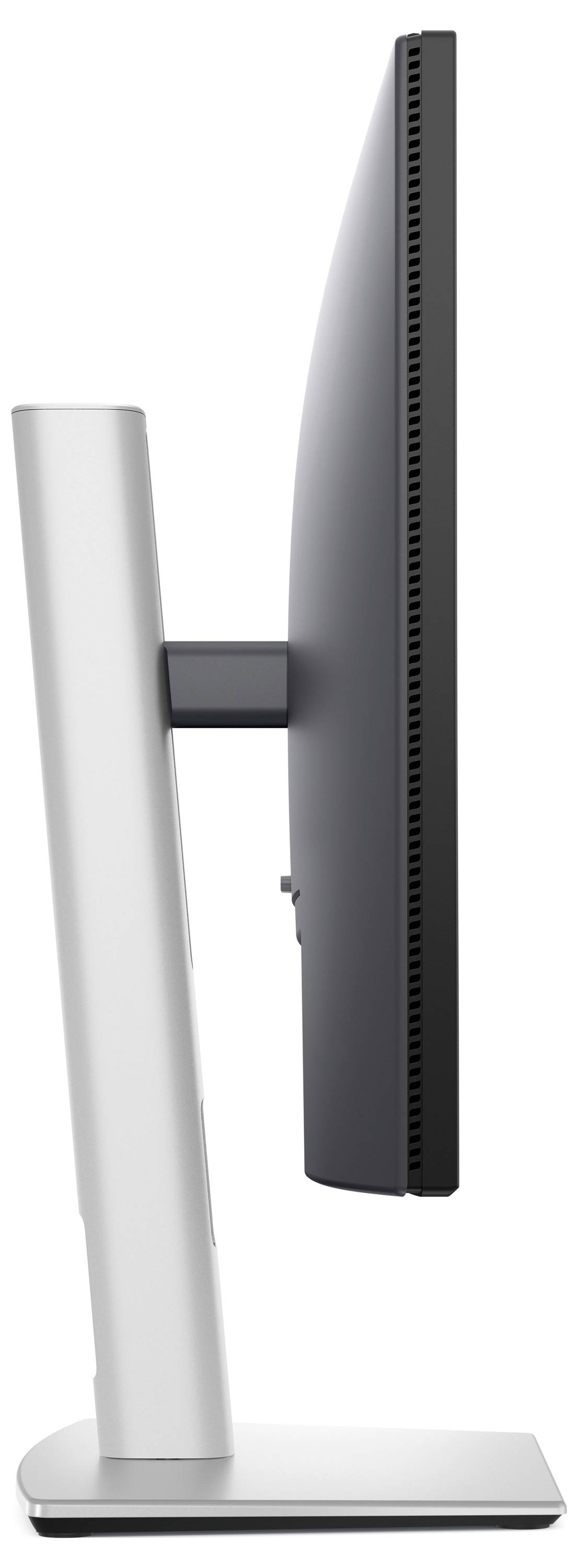 Ein seitlich stehender Computerbildschirm auf einem Standfuß, schwarz mit einem schmalen Rahmen, zeigt schlankes und modernes Design.