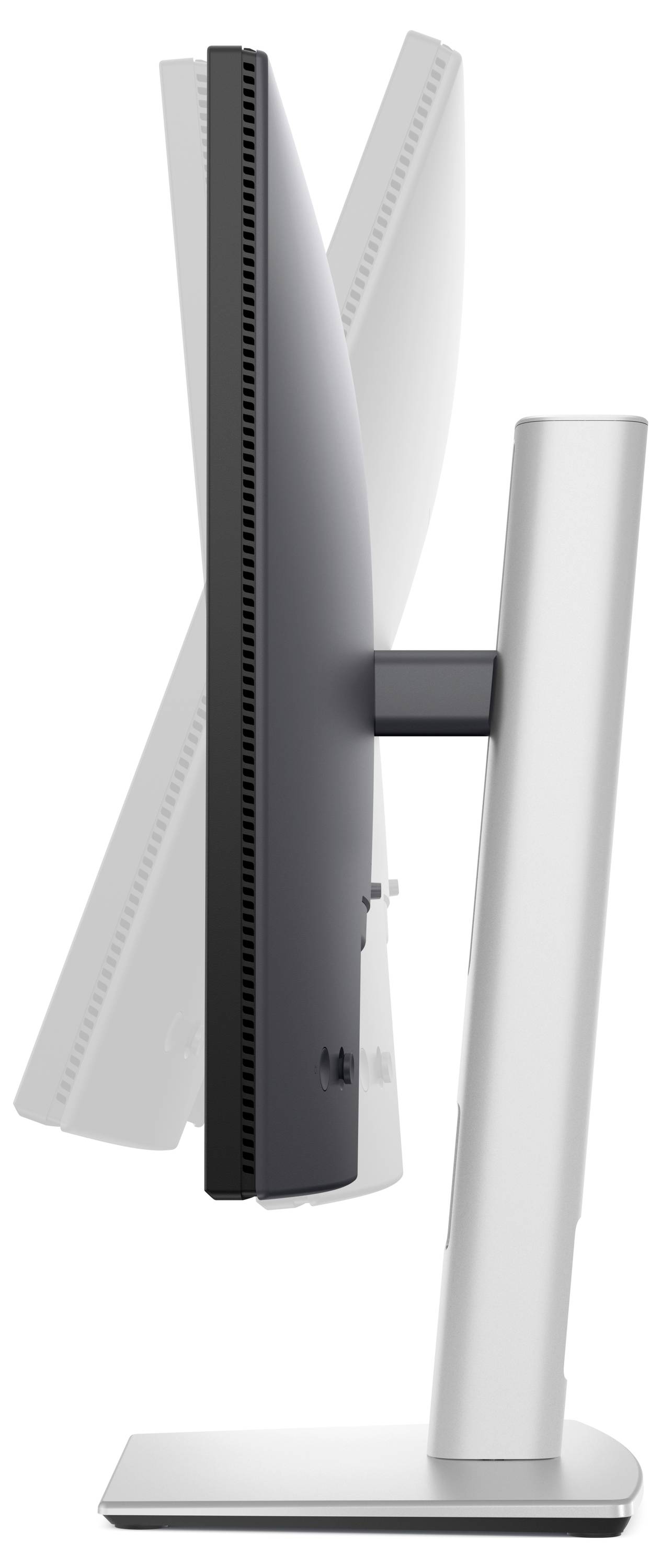 Seitenansicht eines modernen Computerbildschirms mit verstellbarem Standfuß, der Neigung und Drehung des Bildschirms zeigt.