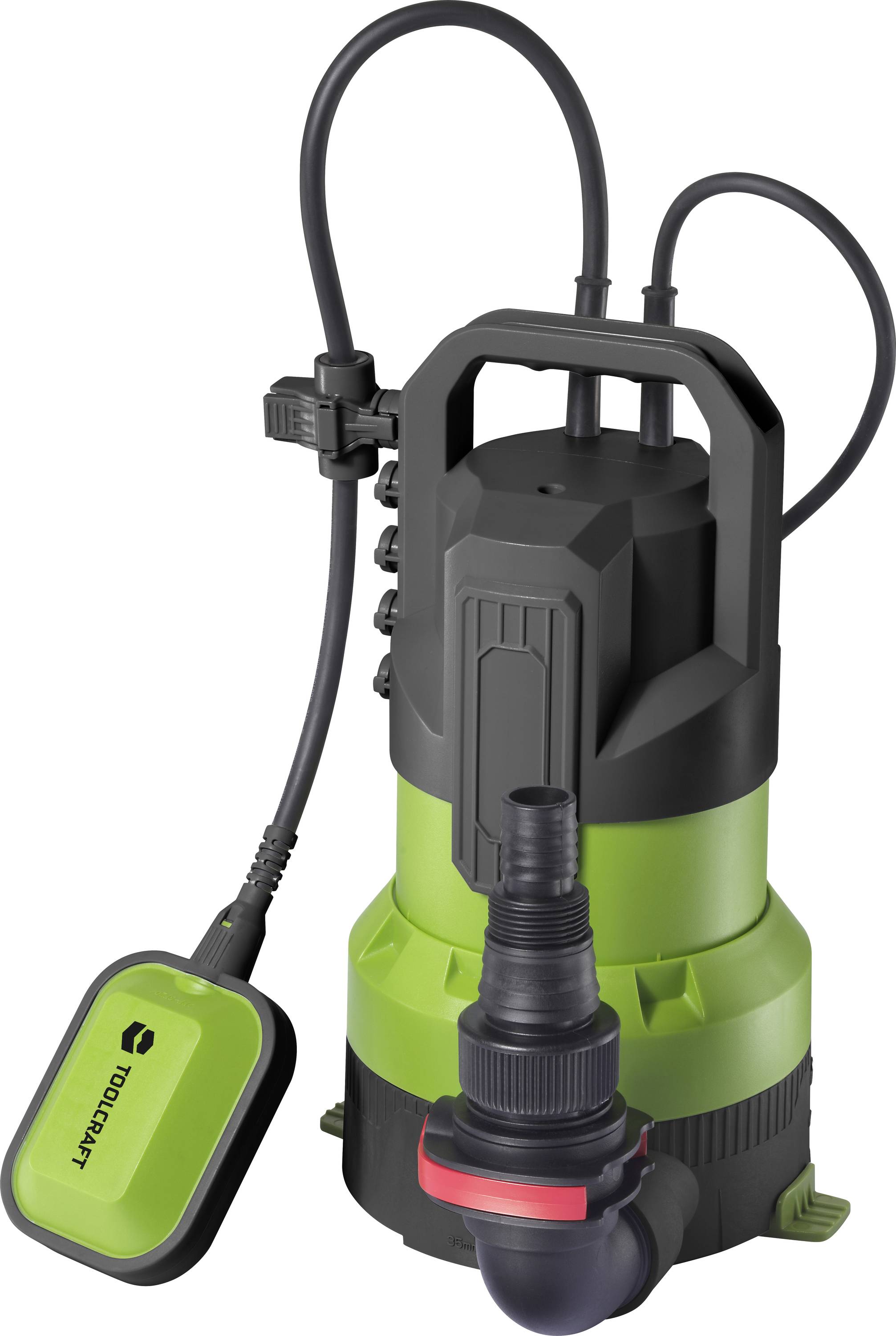 Grüne und schwarze Wasserpumpe mit Kabeln und Schwimmer, geeignet für den Einsatz in Teichen oder Kellern zum Pumpen von Wasser.