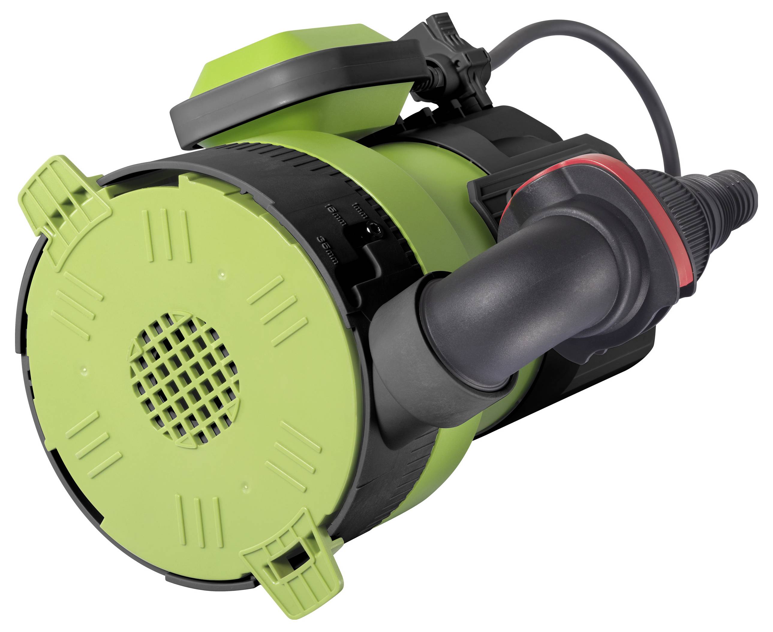 Eine grüne Tauchpumpe mit schwarzem Schlauchanschluss und Tragegriff. Sie ist robust gebaut und für die Wasserförderung ausgelegt.