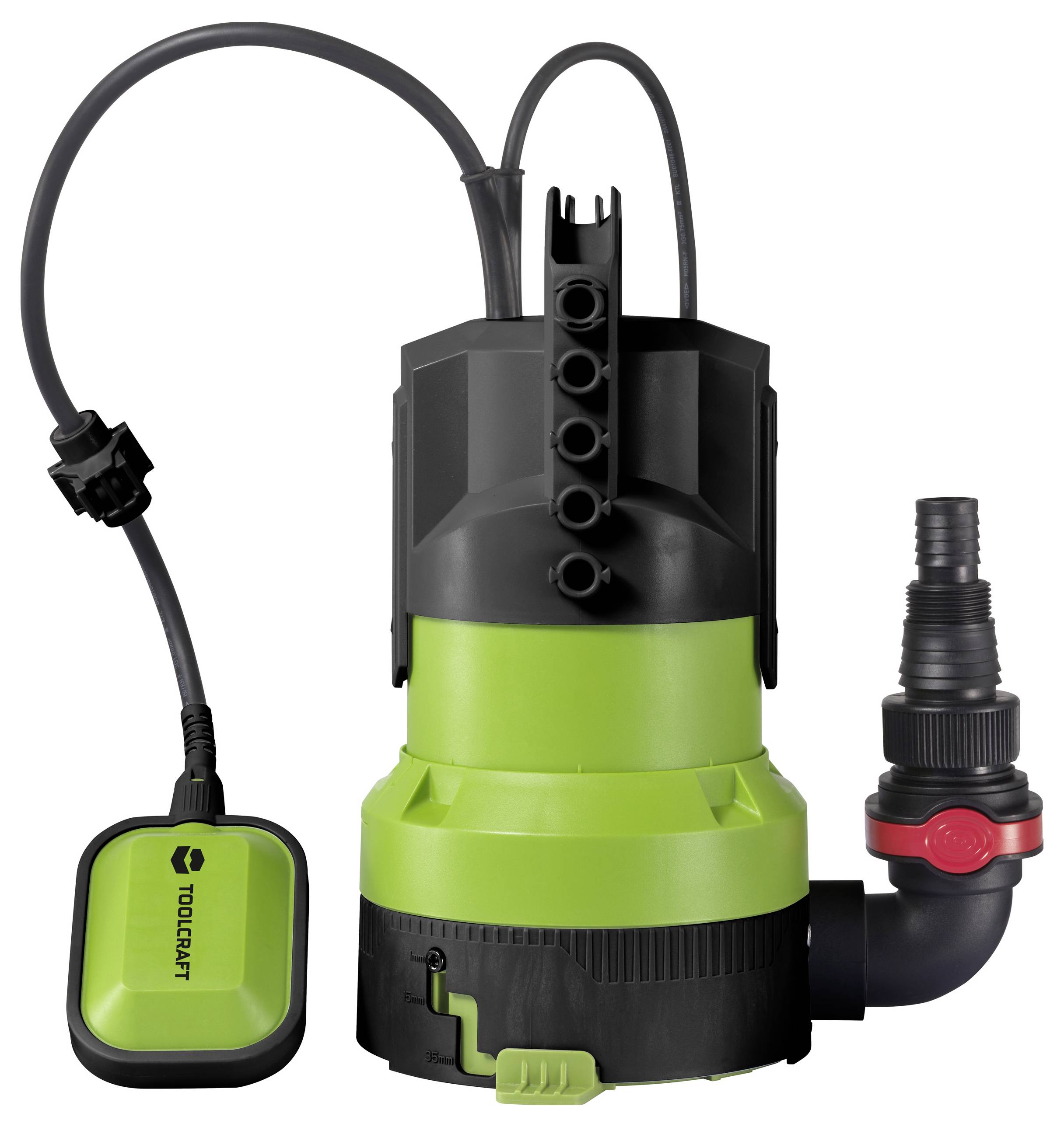 Schwarze und grüne Tauchpumpe mit Schwimmschalter und Schlauchanschluss, geeignet für Entwässerung und Wasserumwälzung.