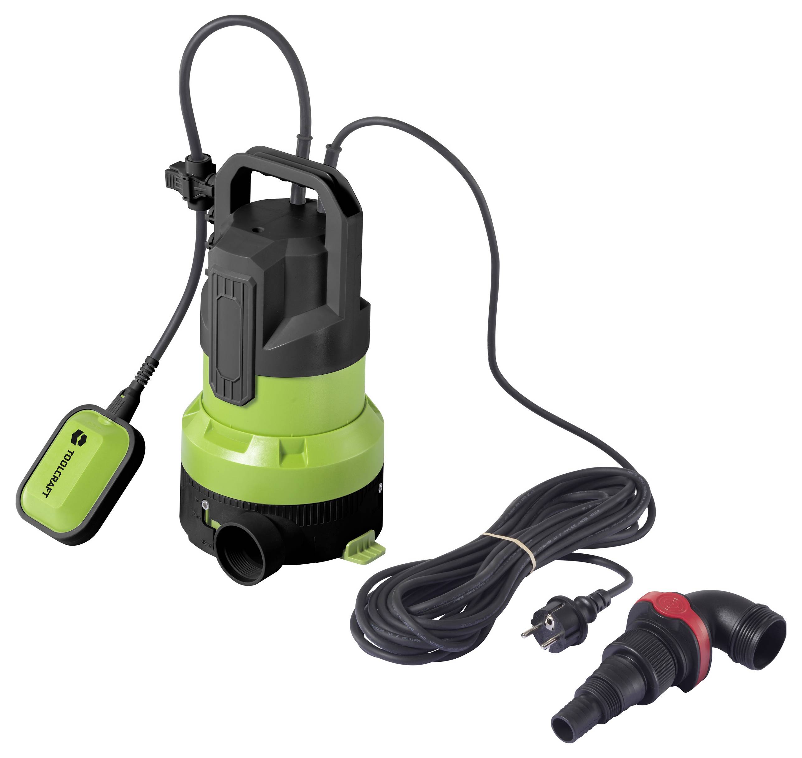 Eine grüne Tauchpumpe mit Kabel und Steckverbindung, geeignet für Wasserdrainage.