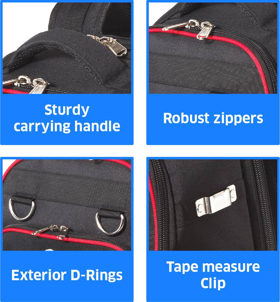 Robuster Tragegriff', 'Widerstandsfähige Reißverschlüsse', 'Äußere D-Ringe' und 'Maßbandclip' sind Merkmale eines schwarzen Rucksacks mit roten Akzenten.