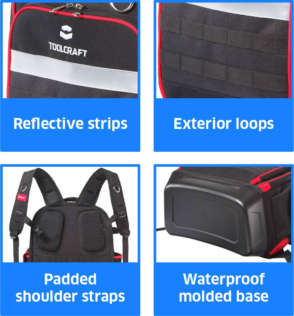 Toolcraft-Rucksack verfügt über reflektierende Streifen, Außenösen, gepolsterte Schulterriemen und eine wasserdichte geformte Bodenplatte.