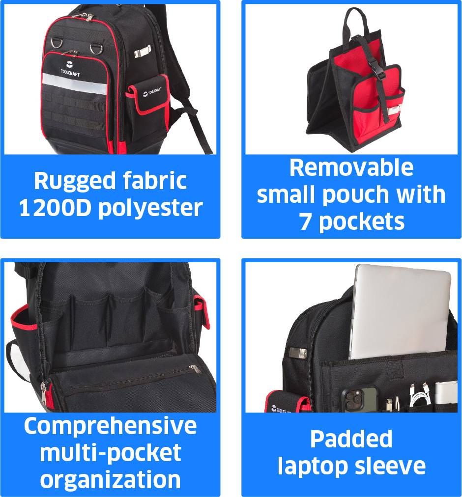Das Bild präsentiert einen Rucksack mit folgenden Merkmalen: ‚Robuster Stoff aus 1200D Polyester', ‚Herausnehmbare kleine Tasche mit 7 Fächern', ‚Umfassende Multi-Pocket-Organisation' und ‚Gepolstertes Laptopfach'.