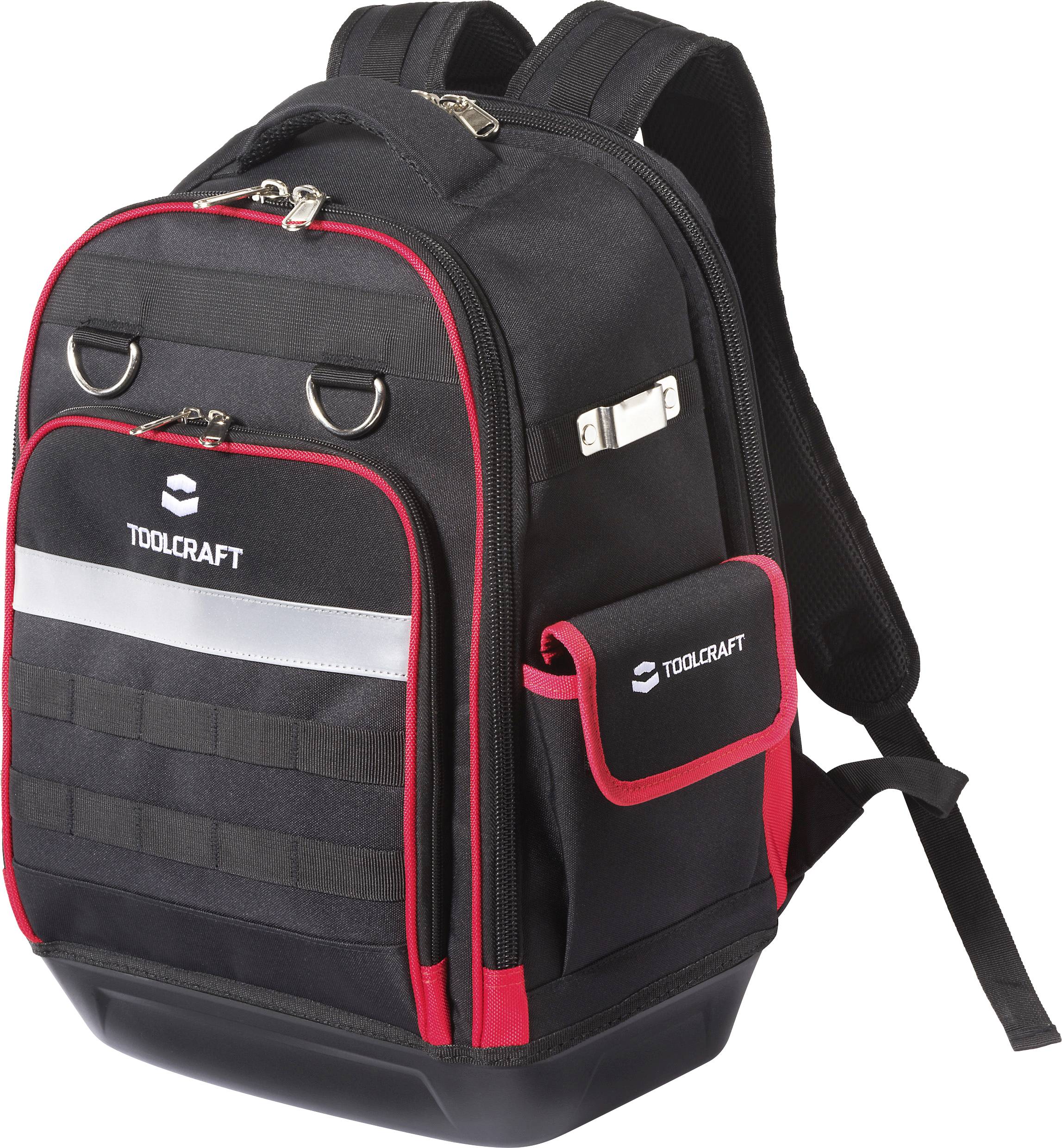 Ein schwarzer und roter Toolcraft Rucksack mit mehreren Reißverschluss-Fächern und Taschen, entwickelt zum Tragen von Werkzeugen und Ausrüstung.