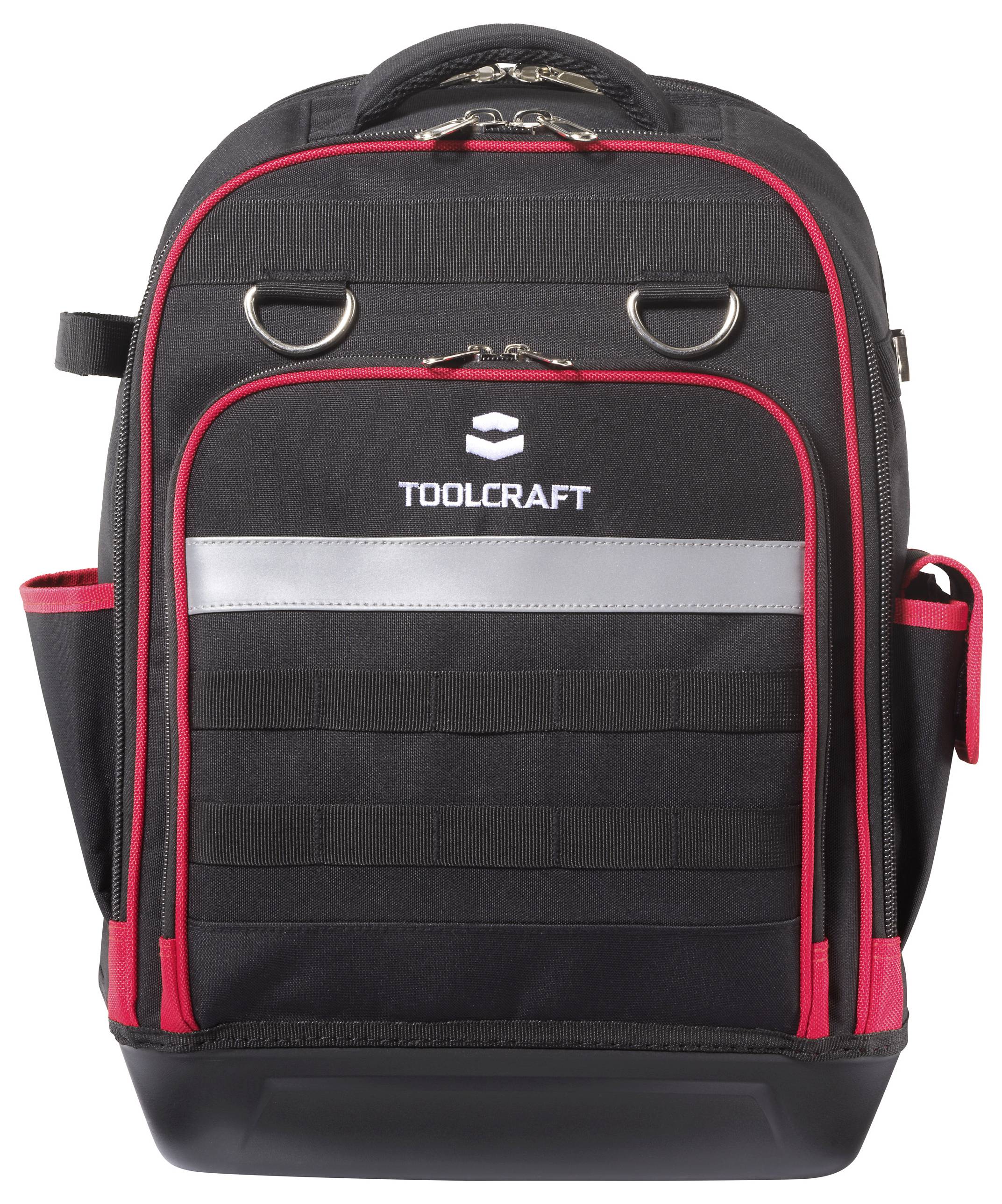 Ein schwarzer und roter TOOLCRAFT Rucksack mit reflektierendem Streifen, mehreren Taschen und Seitenfächern, der zum Tragen von Werkzeugen konzipiert ist.