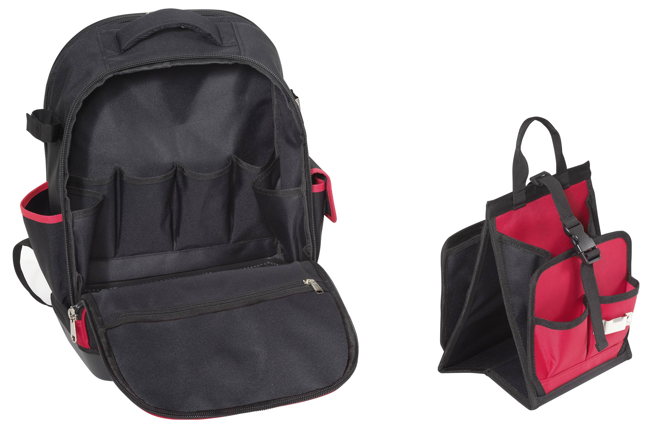 Schwarzer und roter Rucksack mit mehreren Fächern wird geöffnet, zusammen mit einem geöffneten passenden Organizer, der die Aufbewahrungsmöglichkeiten für Zubehör präsentiert.