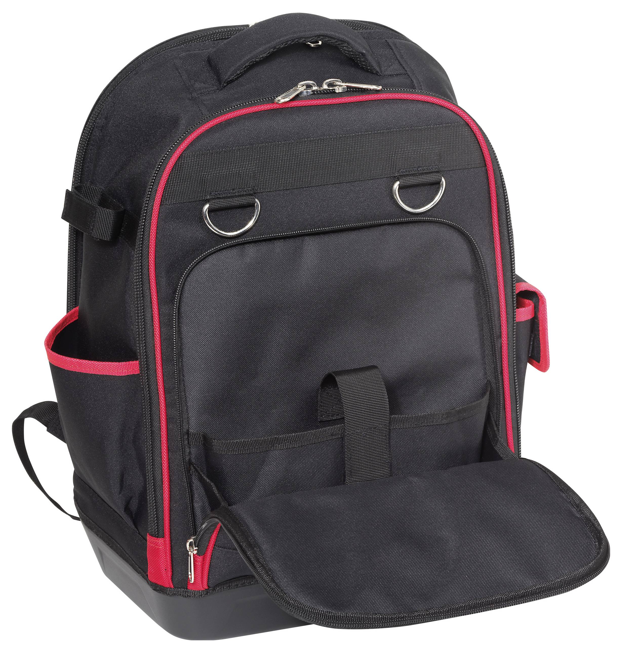 Ein schwarzer Rucksack mit roter Einfassung und mehreren Fächern, einschließlich eines Hauptfachs, zwei Seitentaschen und einer Vorderklappe-Tasche.
